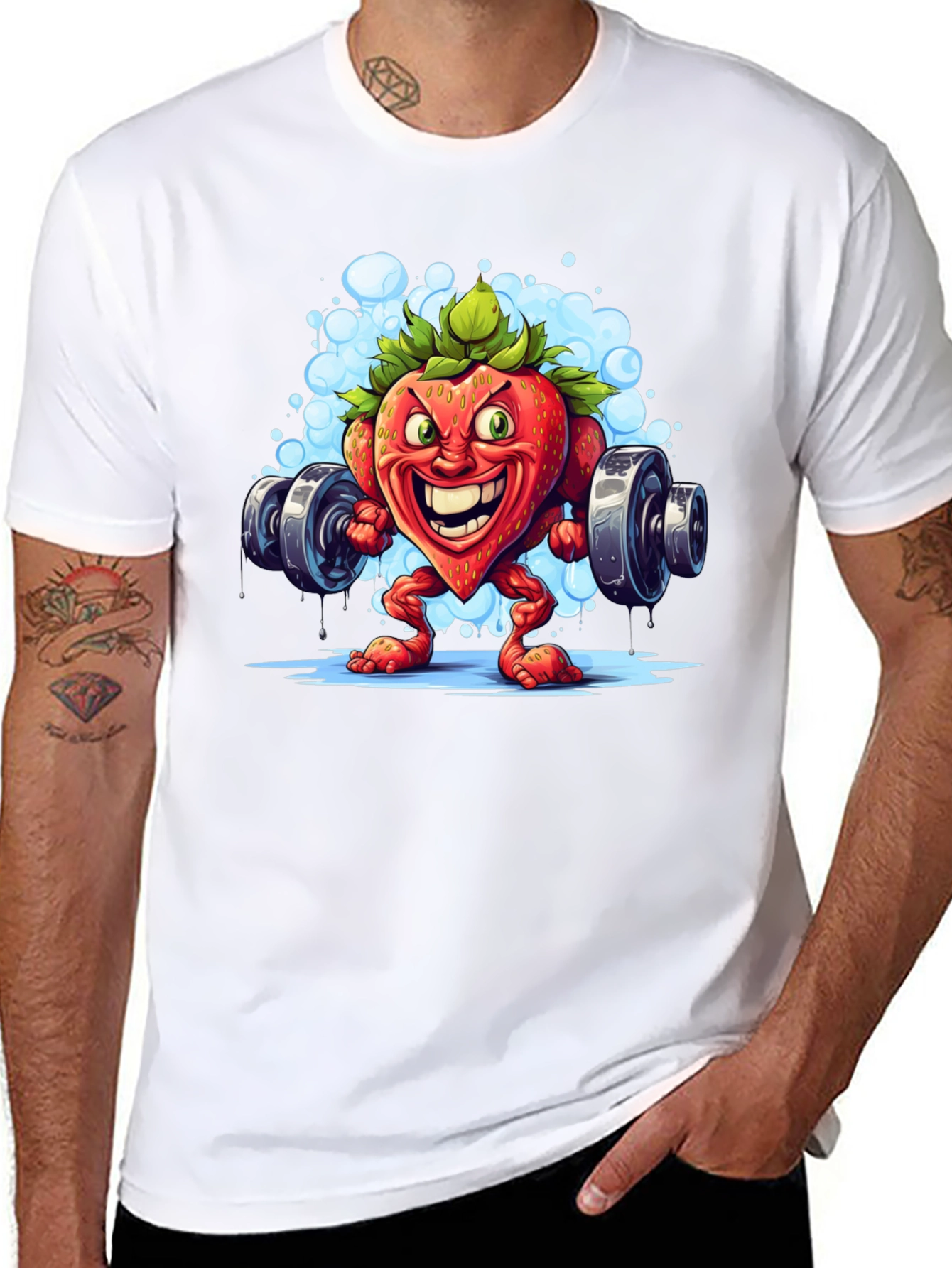 Strawberry Bodybuilder T-Shirt - Cartoon Fruit Gym Tee