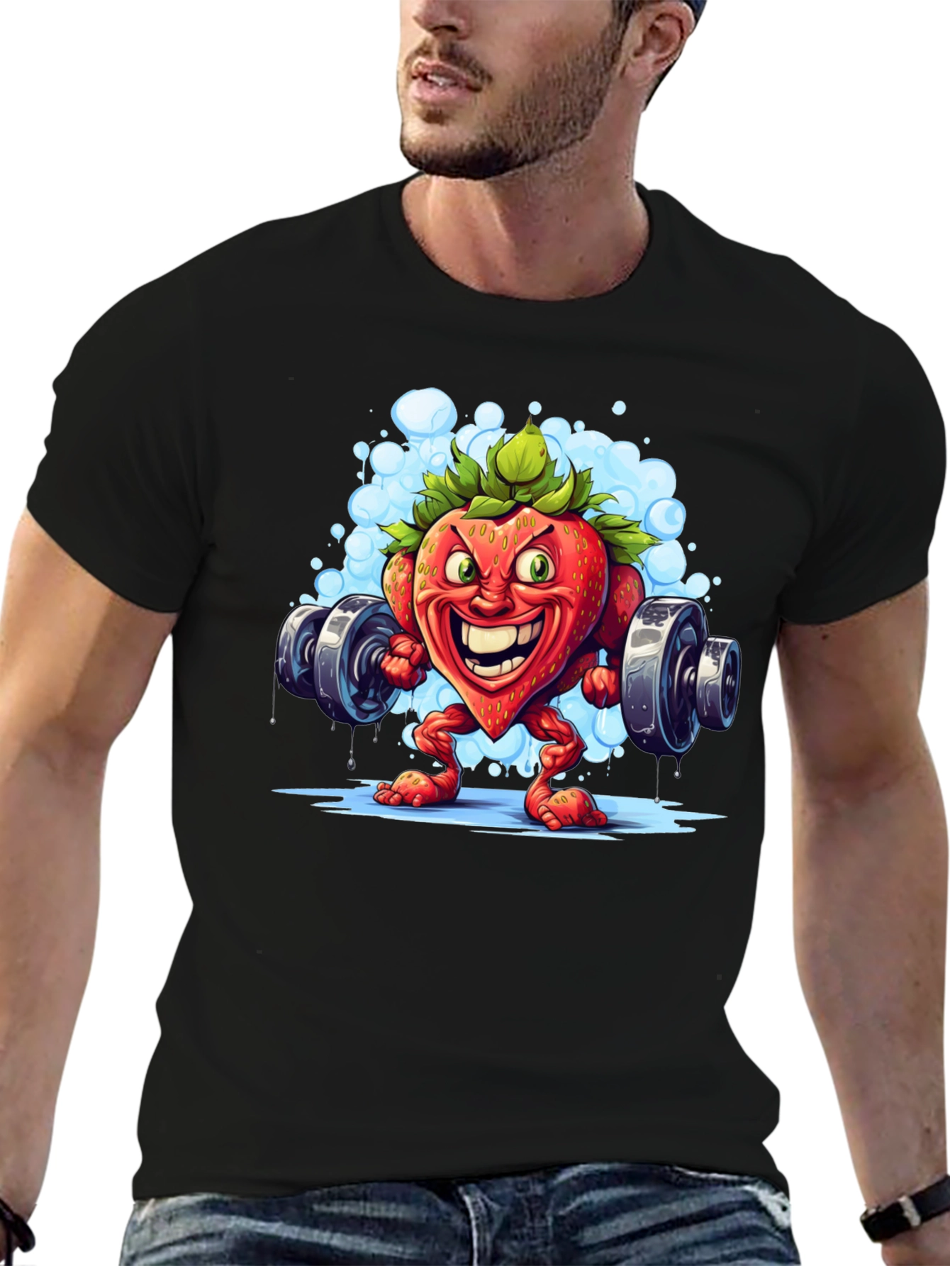 Strawberry Bodybuilder T-Shirt - Cartoon Fruit Gym Tee