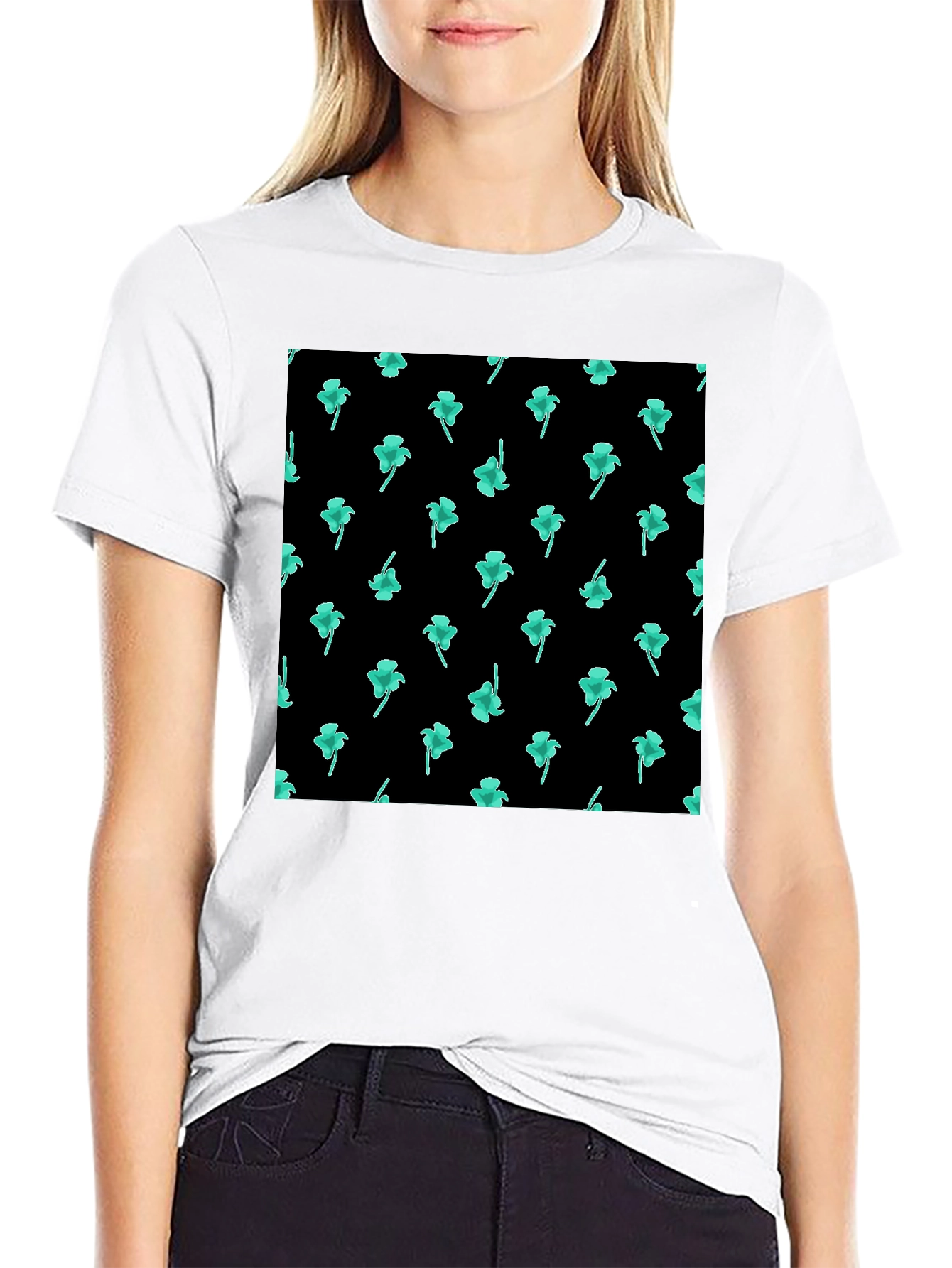 Clover Print Black Casual T-Shirt