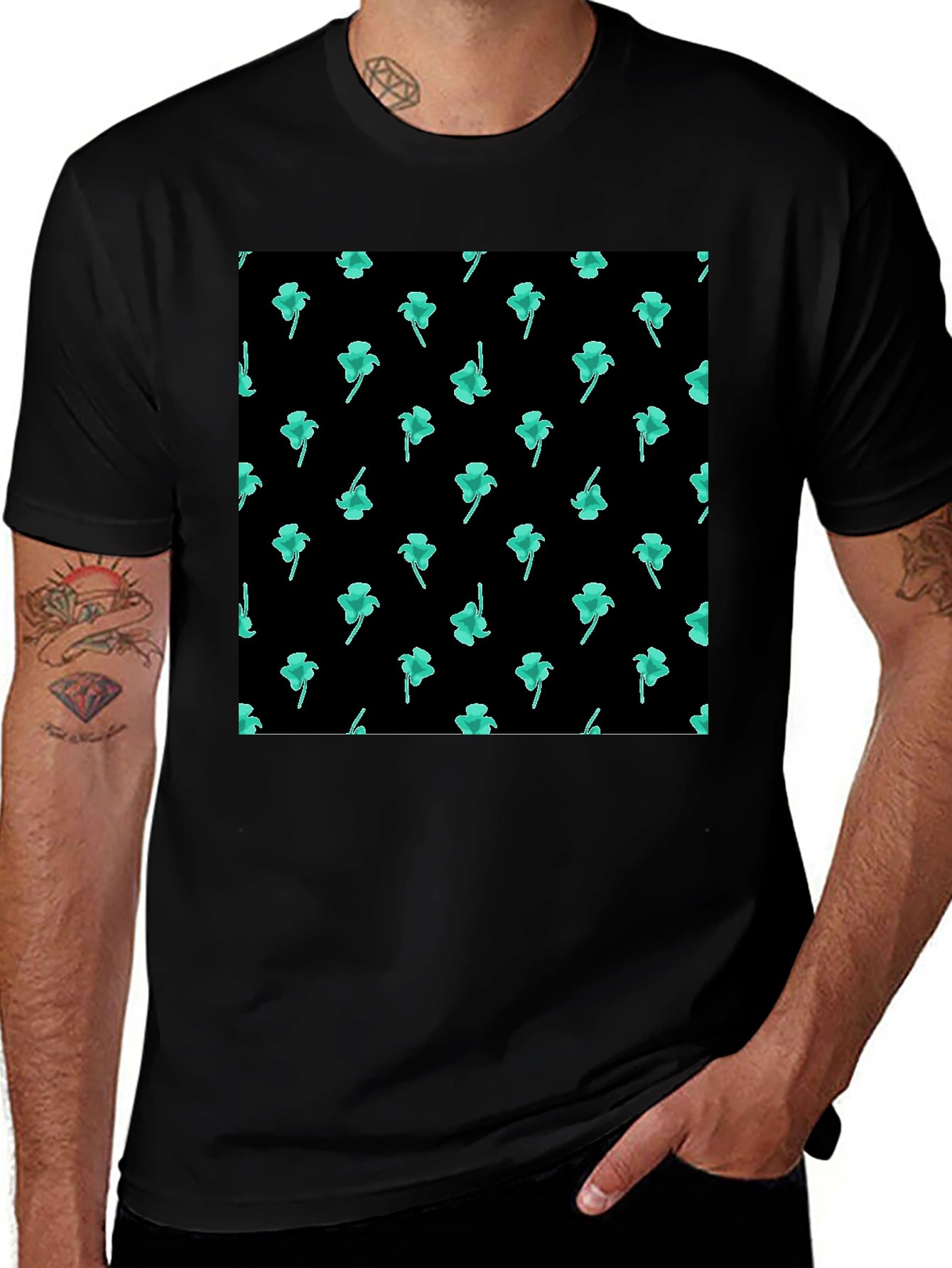 Clover Print Black Casual T-Shirt