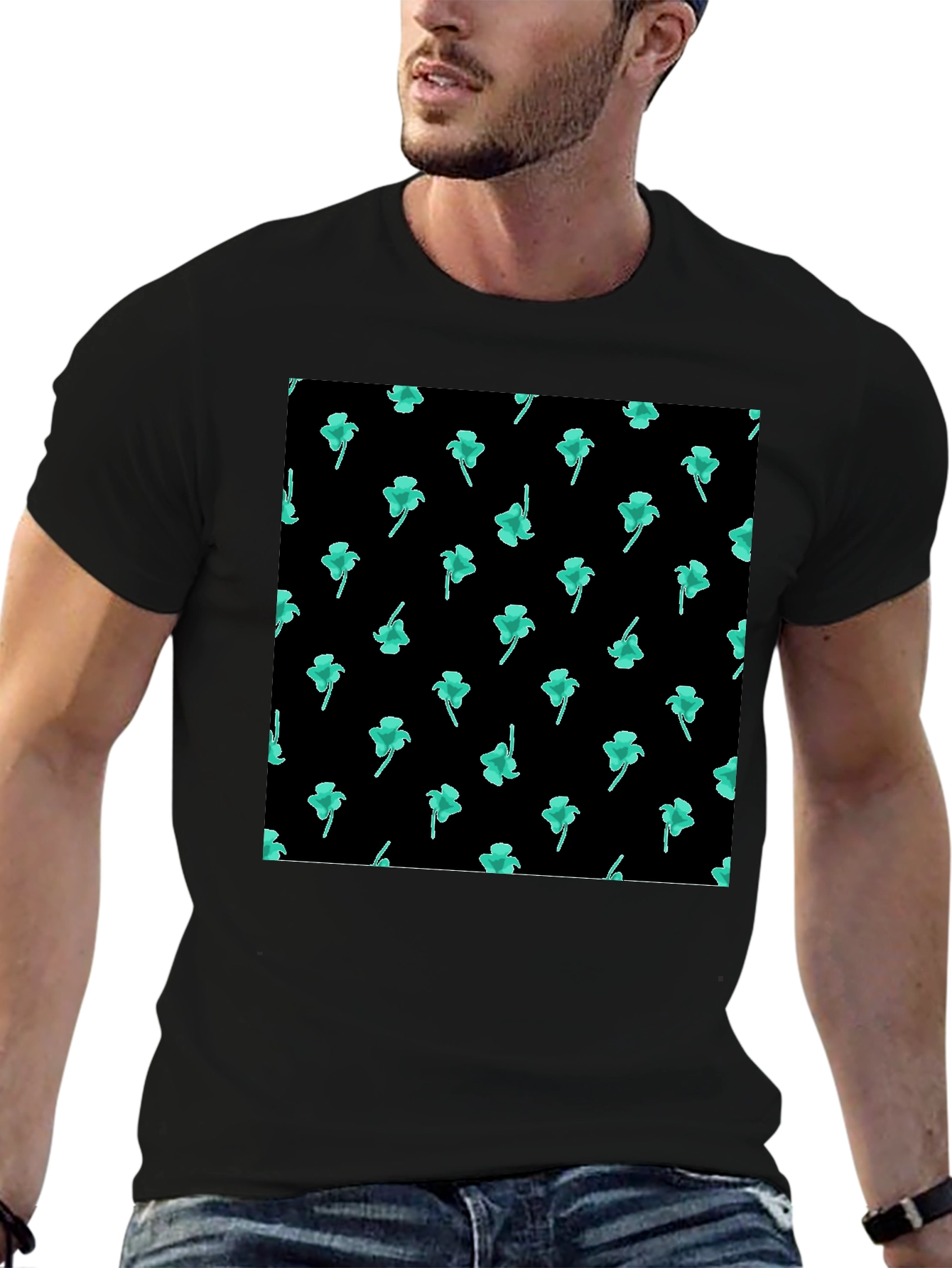 Clover Print Black Casual T-Shirt