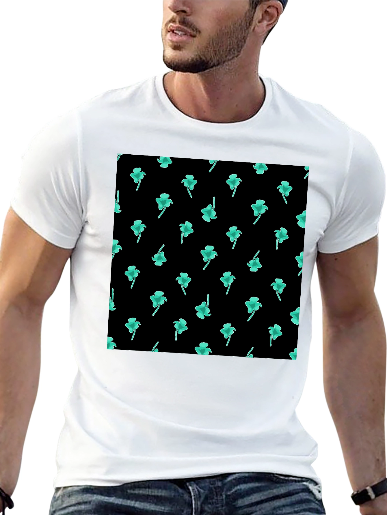 Clover Print Black Casual T-Shirt