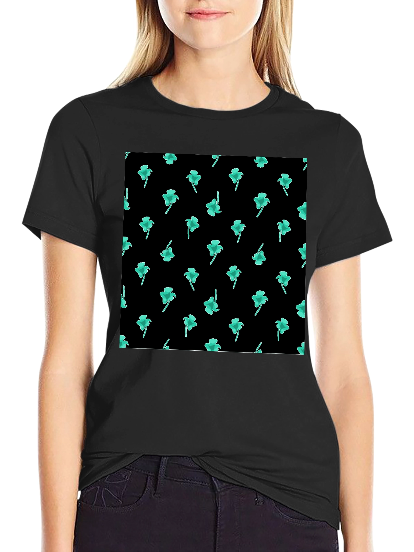Clover Print Black Casual T-Shirt