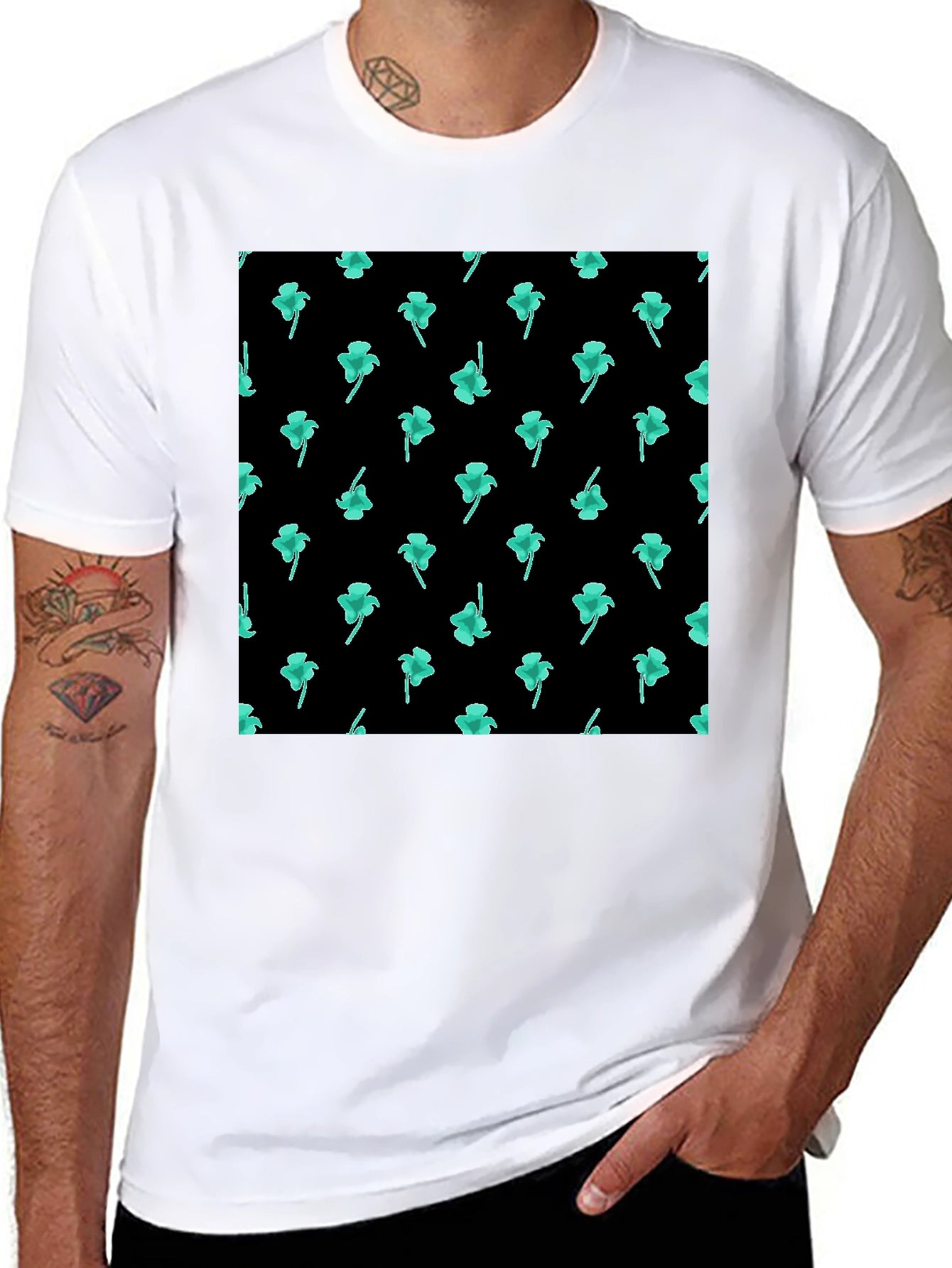 Clover Print Black Casual T-Shirt