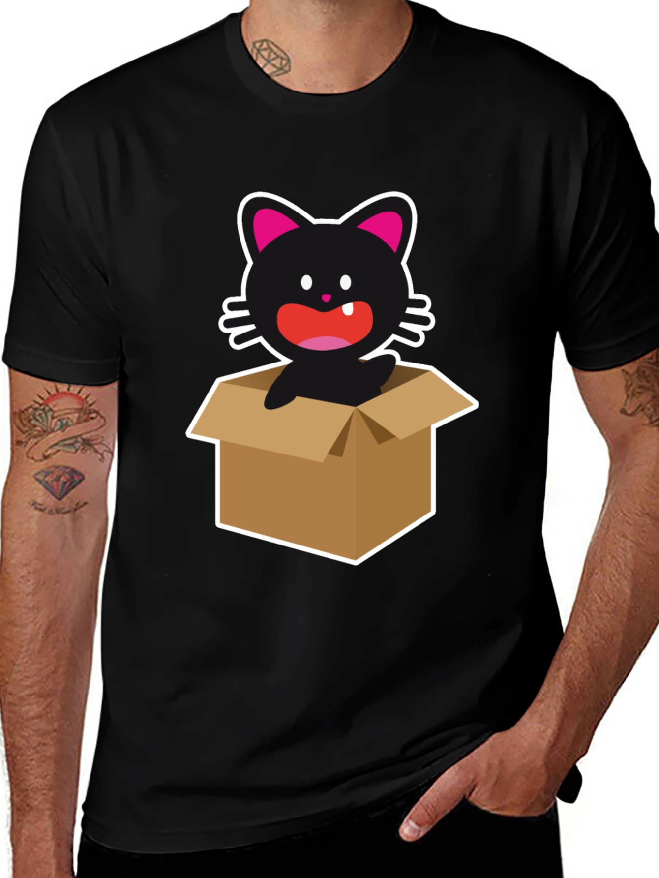 Cartoon Cat in a Box Graphic Tee - Black