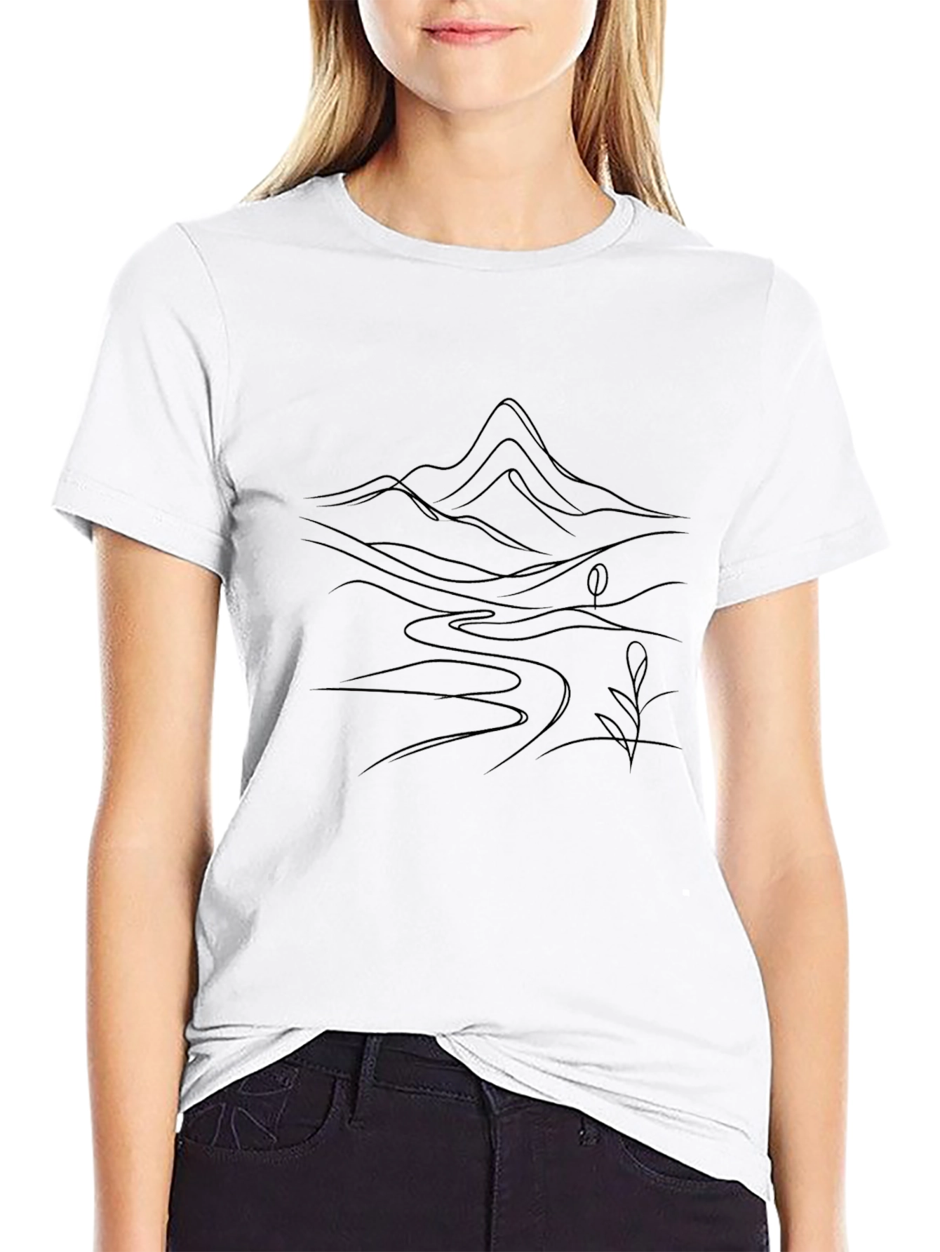 Minimalist Mountain River Black T-Shirt
