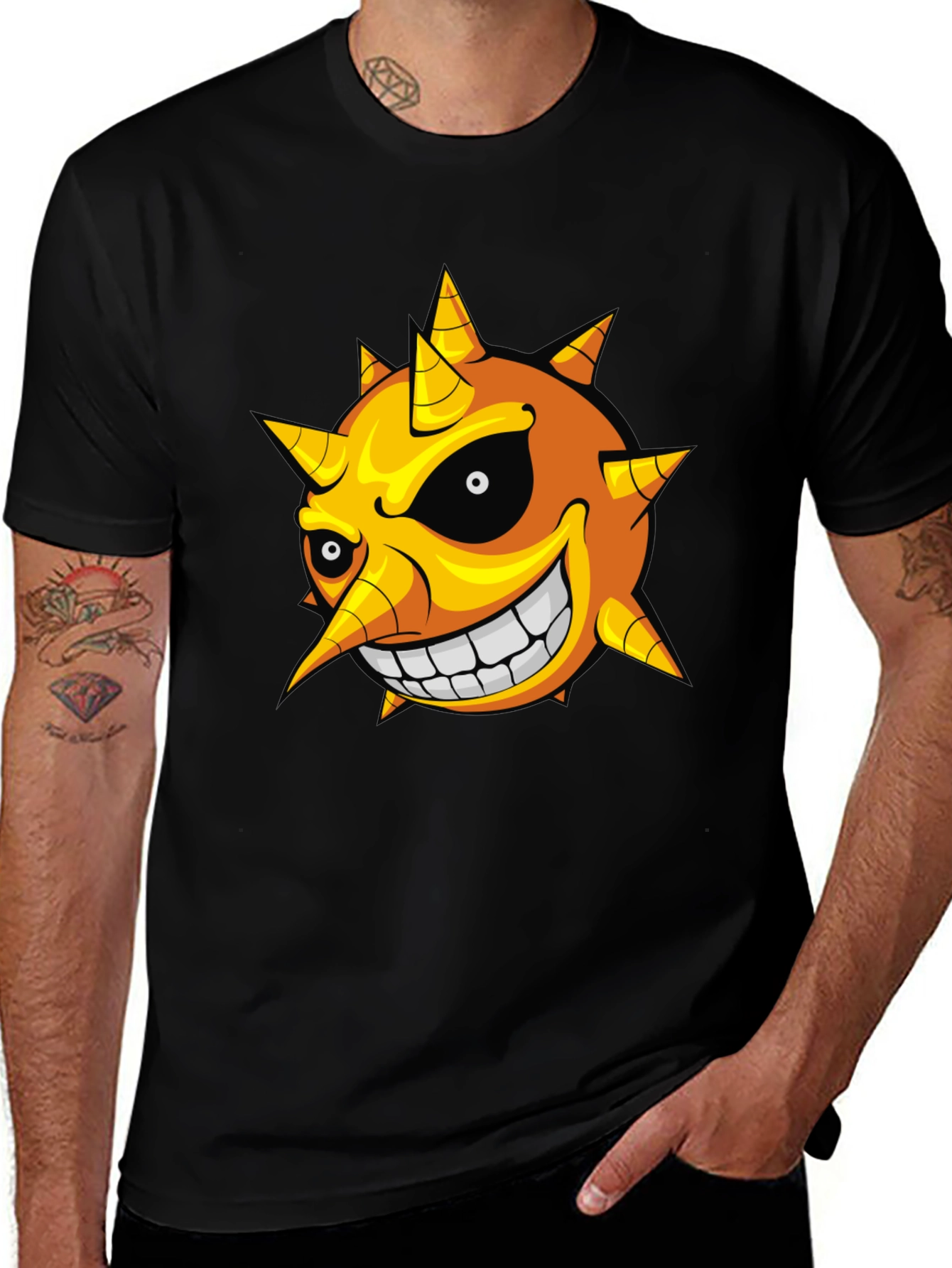 Mens Black T-Shirt with Cartoon Sun Graphic