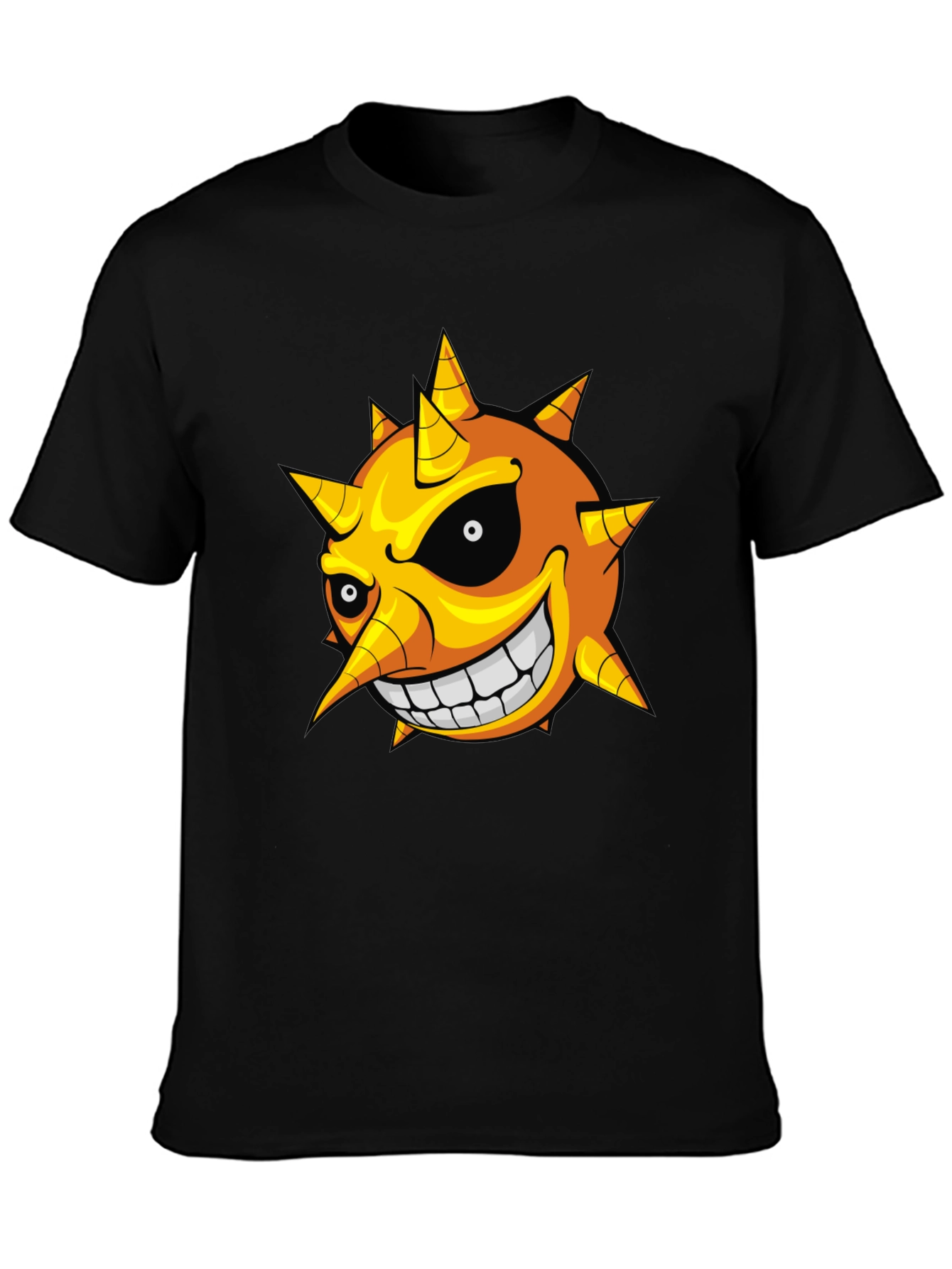 Mens Black T-Shirt with Cartoon Sun Graphic