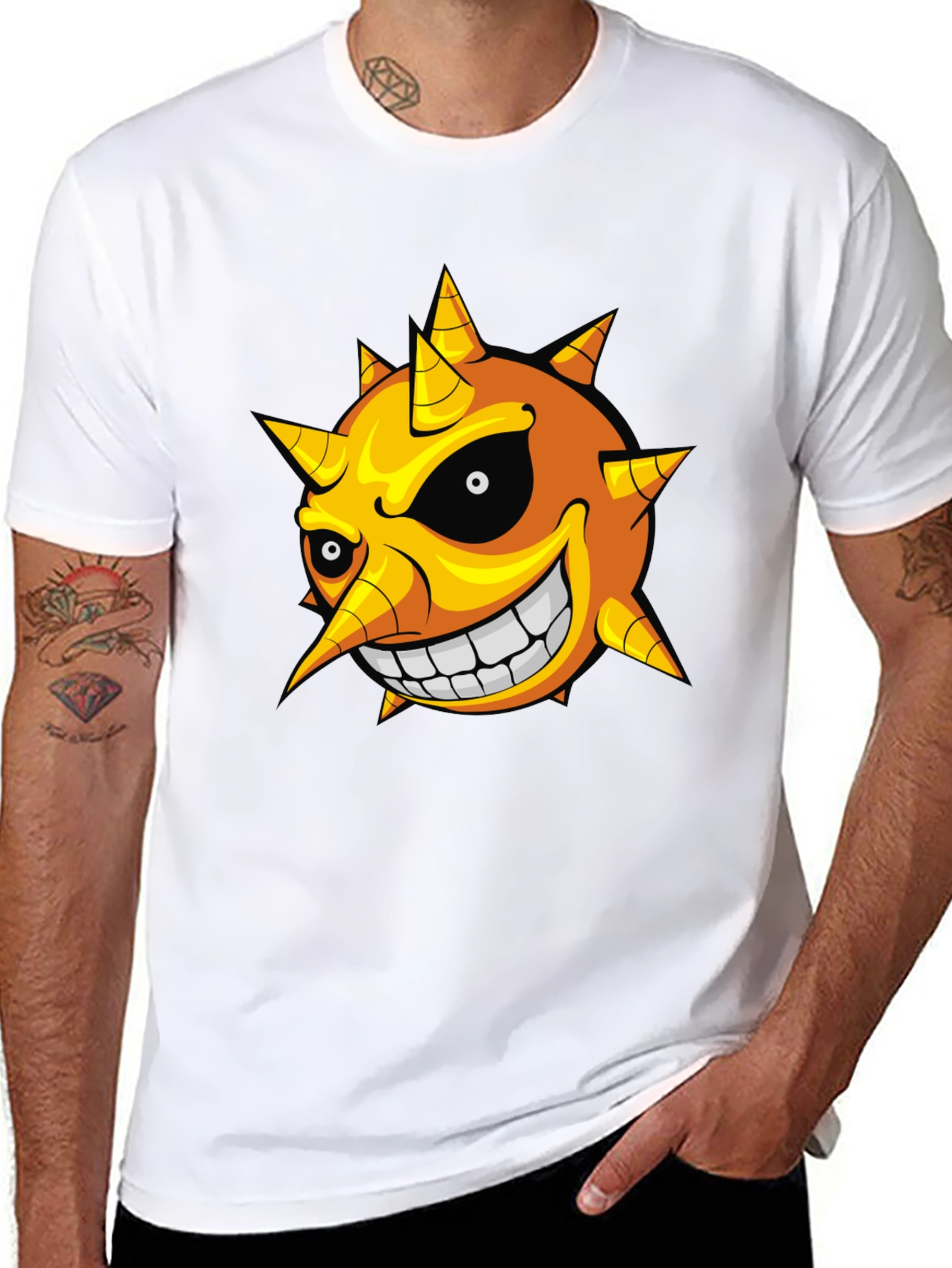 Mens Black T-Shirt with Cartoon Sun Graphic