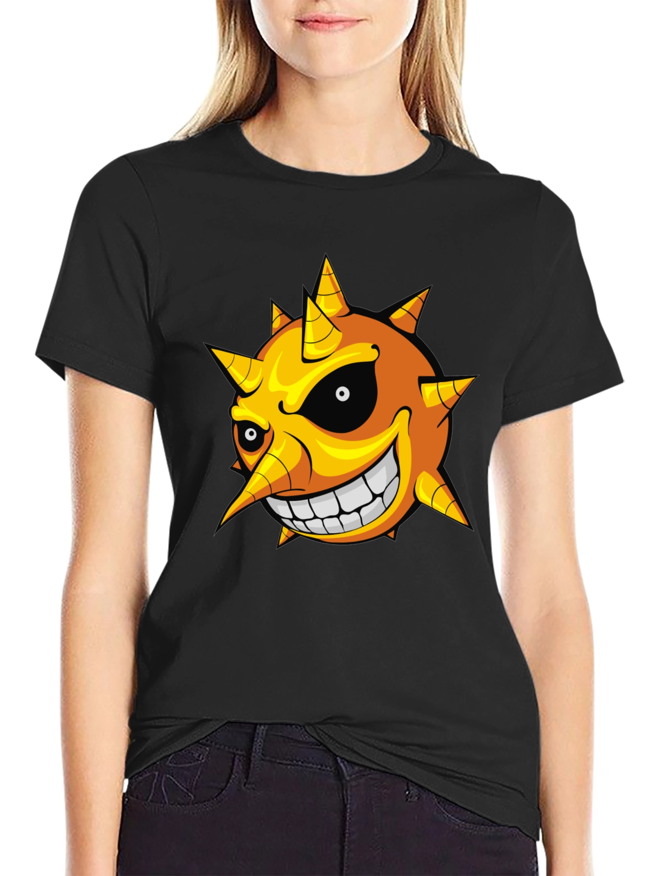 Mens Black T-Shirt with Cartoon Sun Graphic