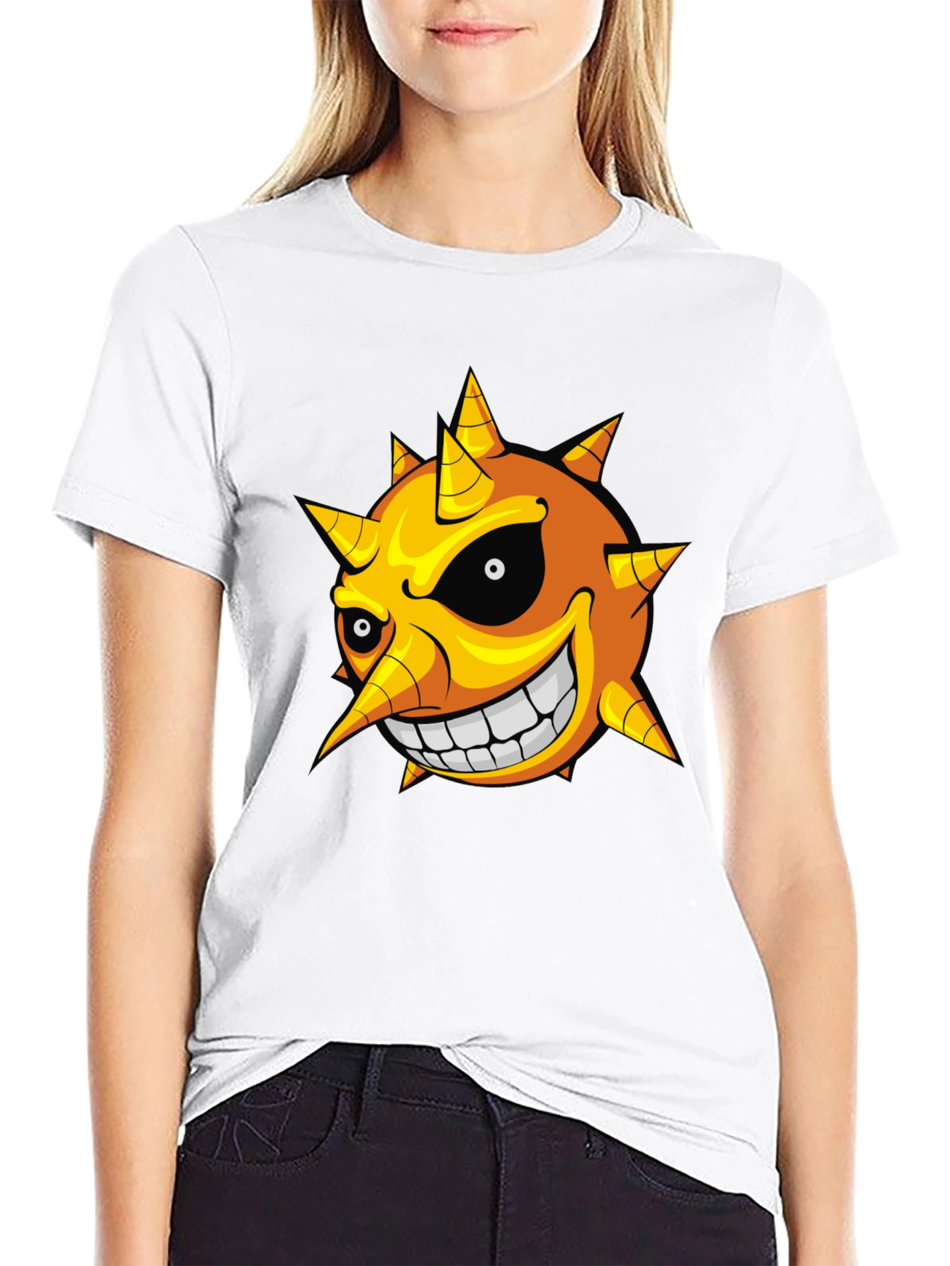 Mens Black T-Shirt with Cartoon Sun Graphic