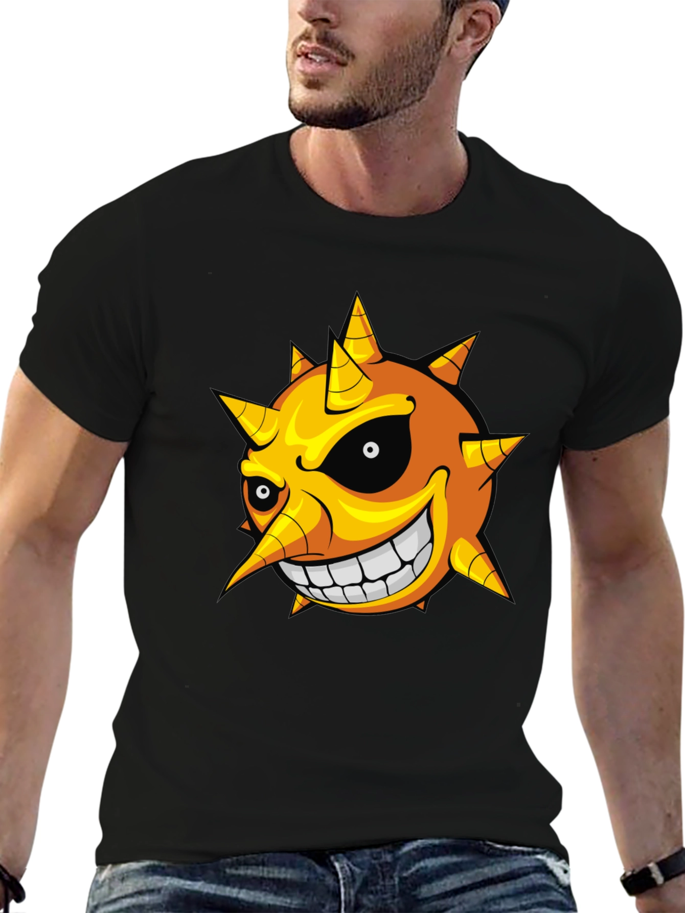 Mens Black T-Shirt with Cartoon Sun Graphic