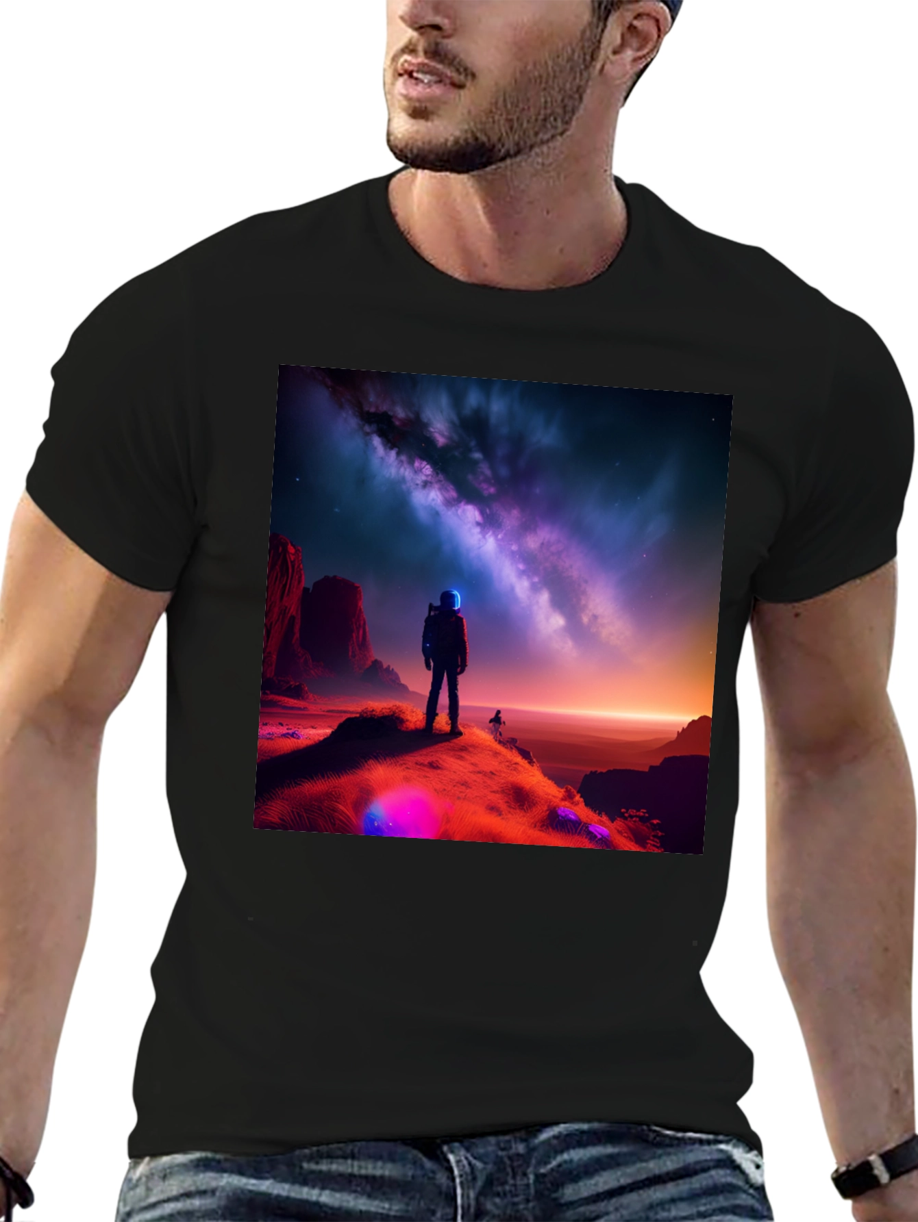 Cosmic Explorer Black T-Shirt - Galaxy Design