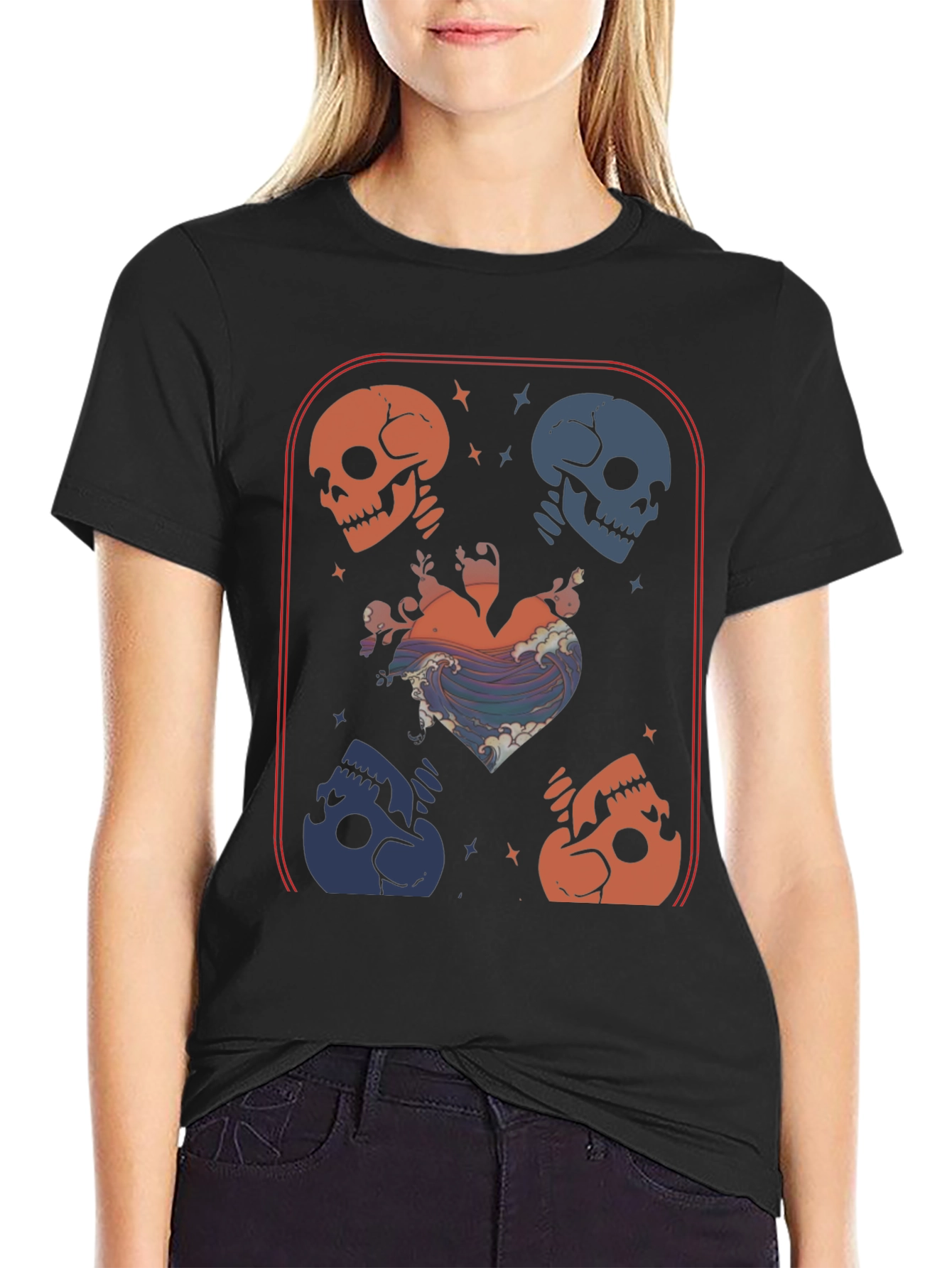Skull Heart Wave Graphic Tee - Edgy Aesthetic