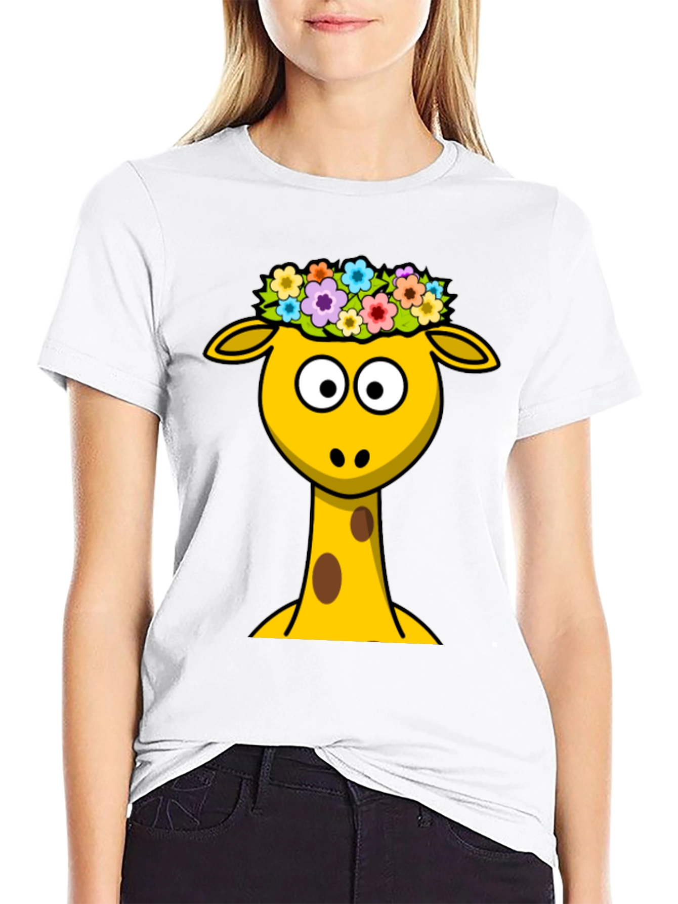 Giraffe with Flower Crown Black T-Shirt