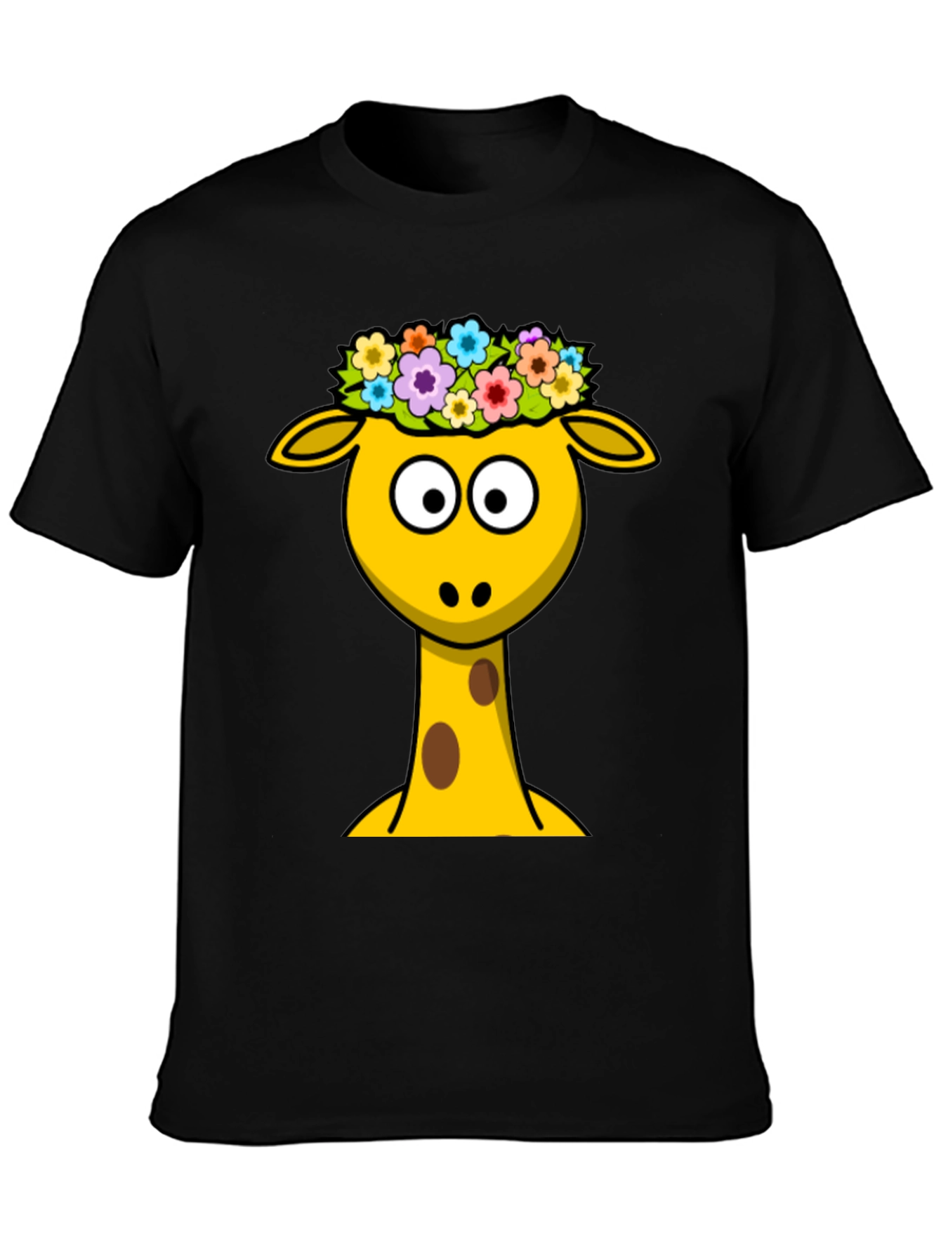Giraffe with Flower Crown Black T-Shirt