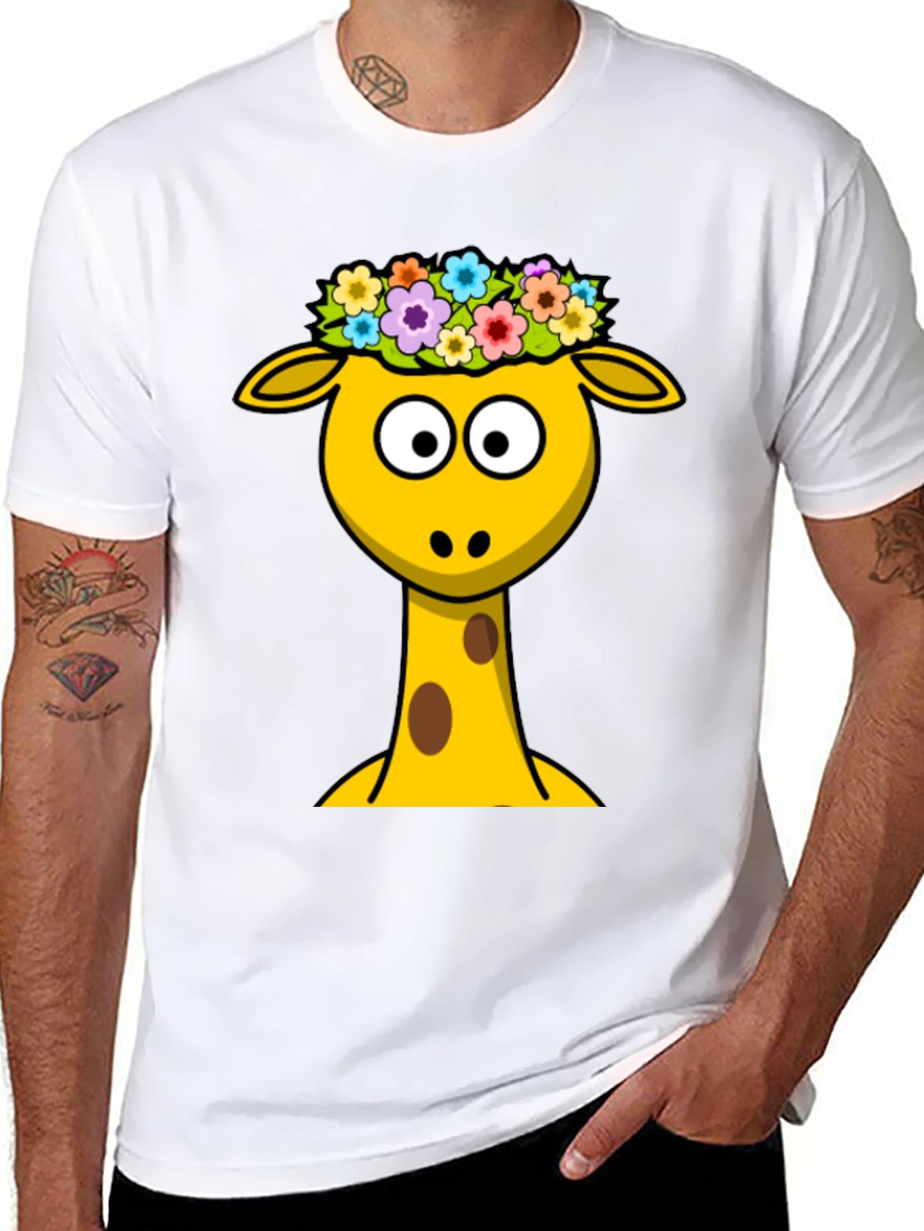 Giraffe with Flower Crown Black T-Shirt