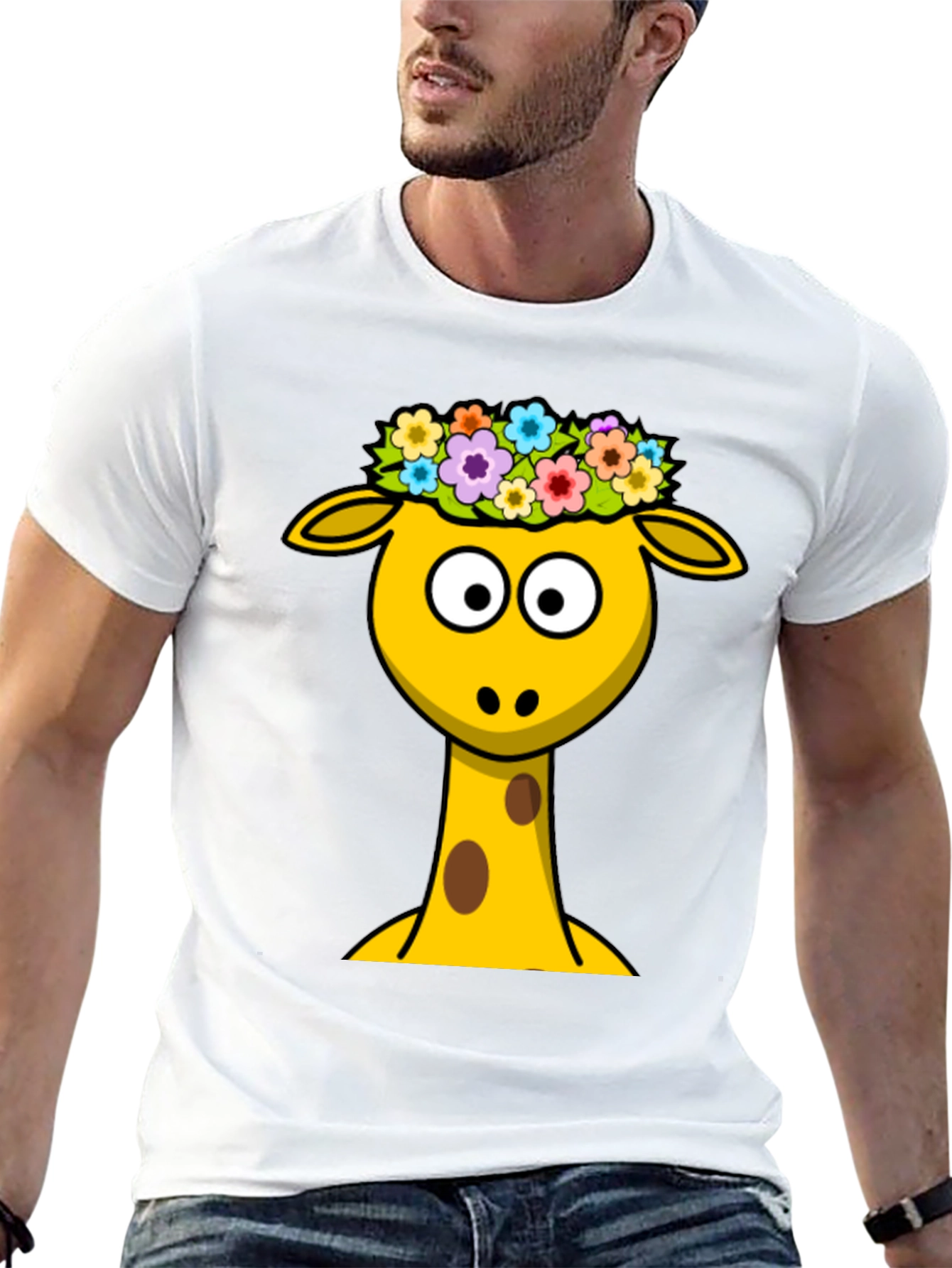 Giraffe with Flower Crown Black T-Shirt