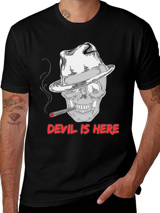 Devil Is Here Graphic Tee - Skull with Fedora