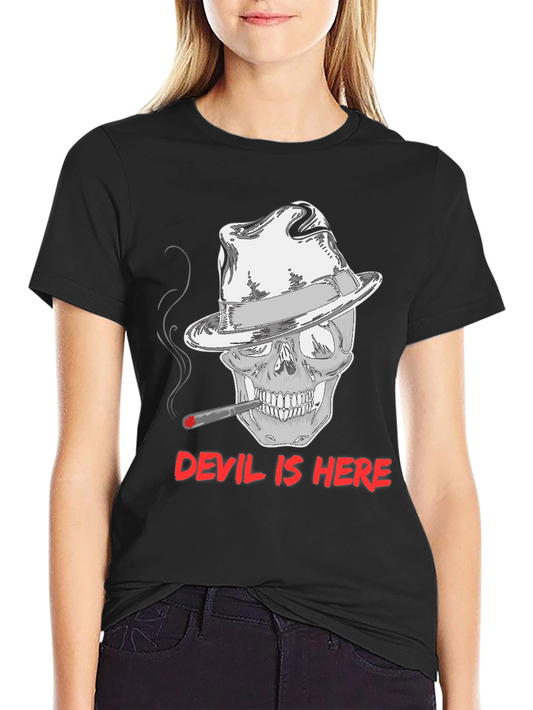 Devil Is Here Graphic Tee - Skull with Fedora