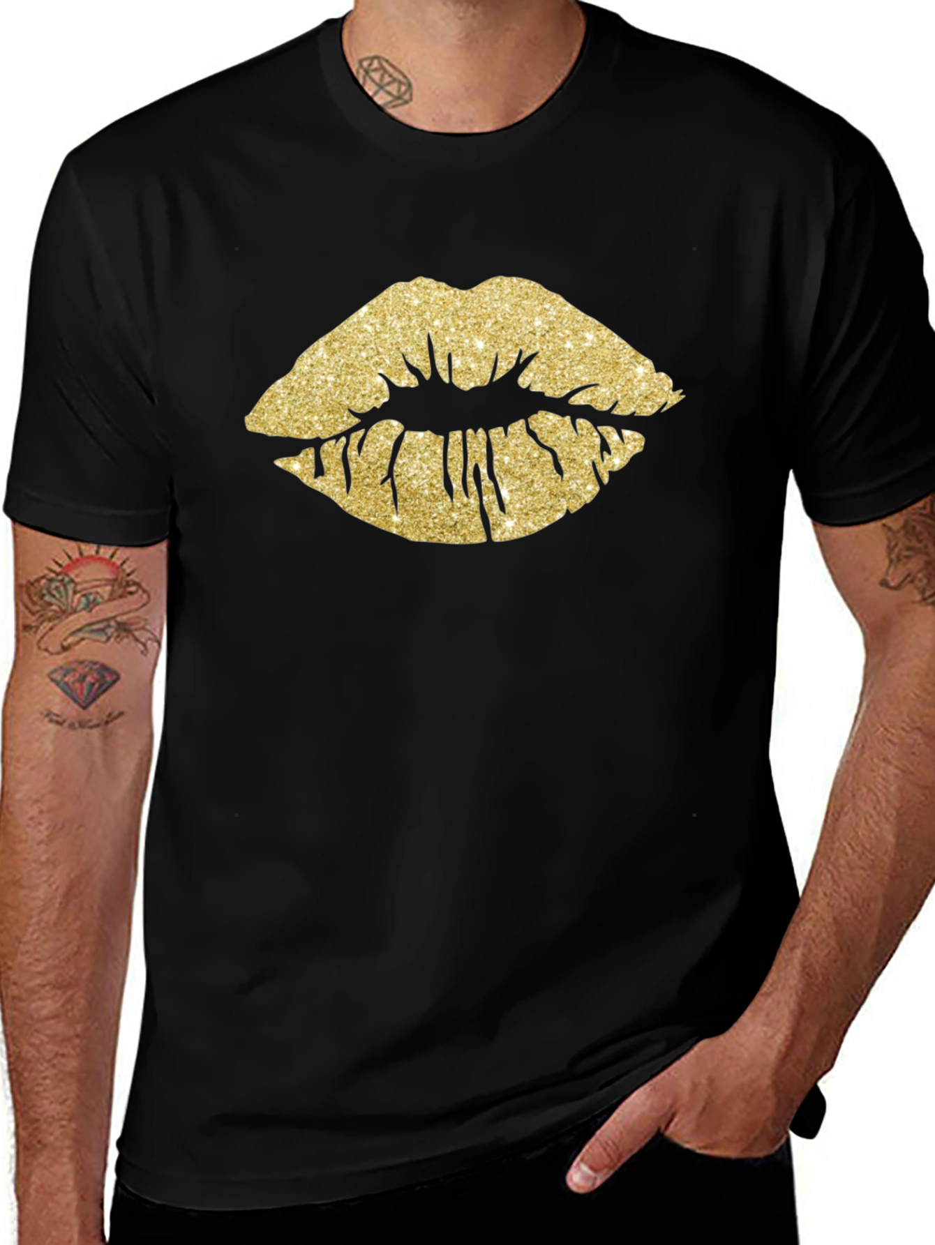 Gold Glitter Lips Graphic Tee - Stylish Black T-Shirt