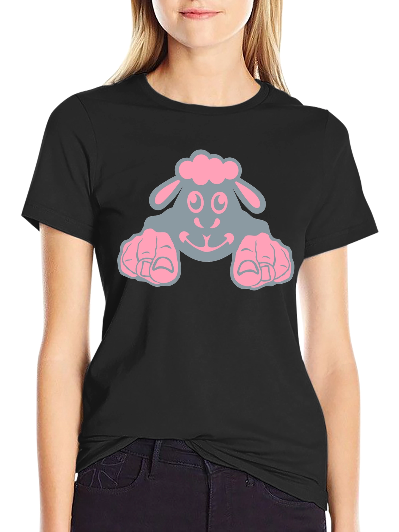 Cute Sheep Graphic Tee - Black Cotton T-Shirt