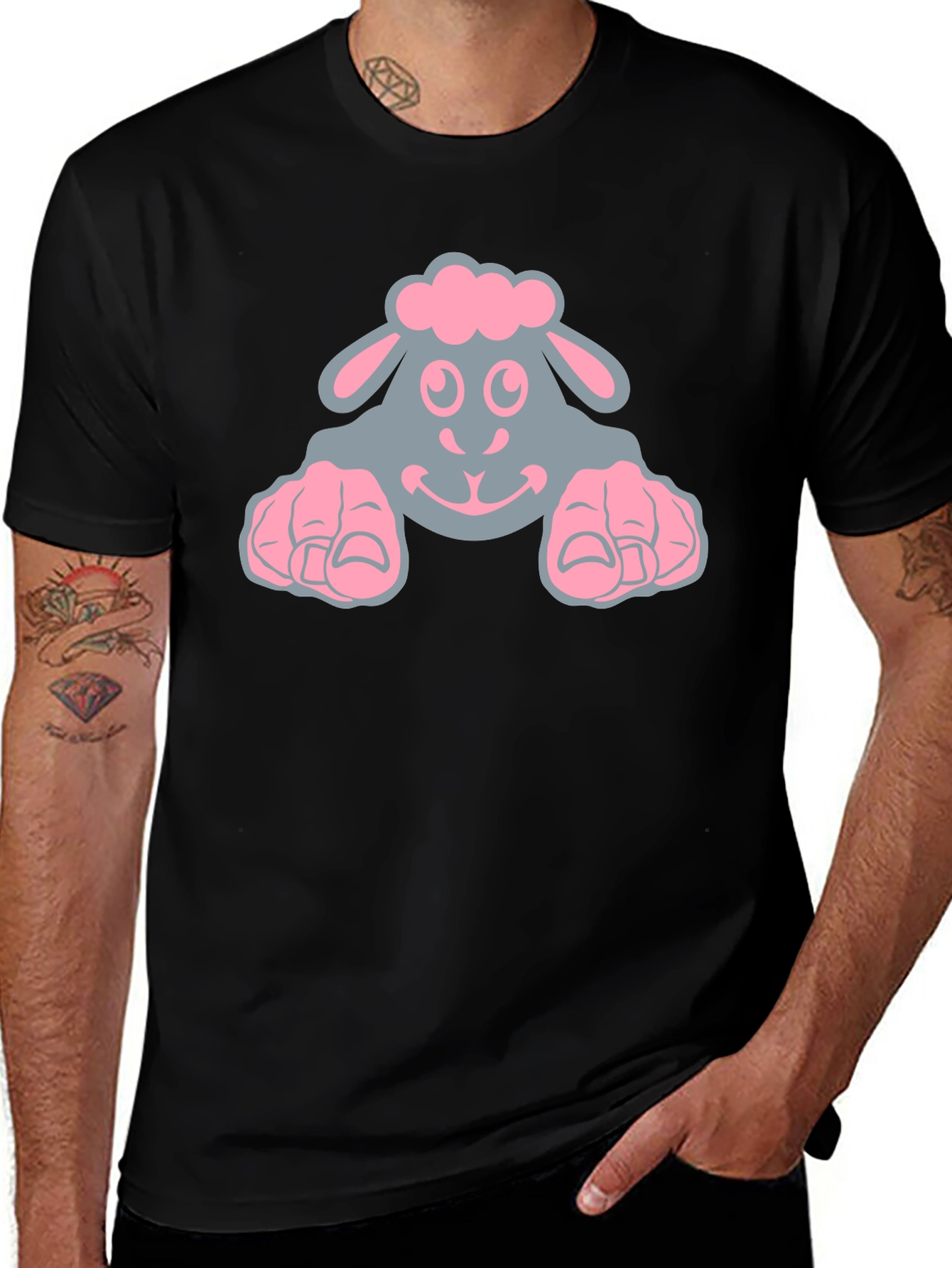 Cute Sheep Graphic Tee - Black Cotton T-Shirt