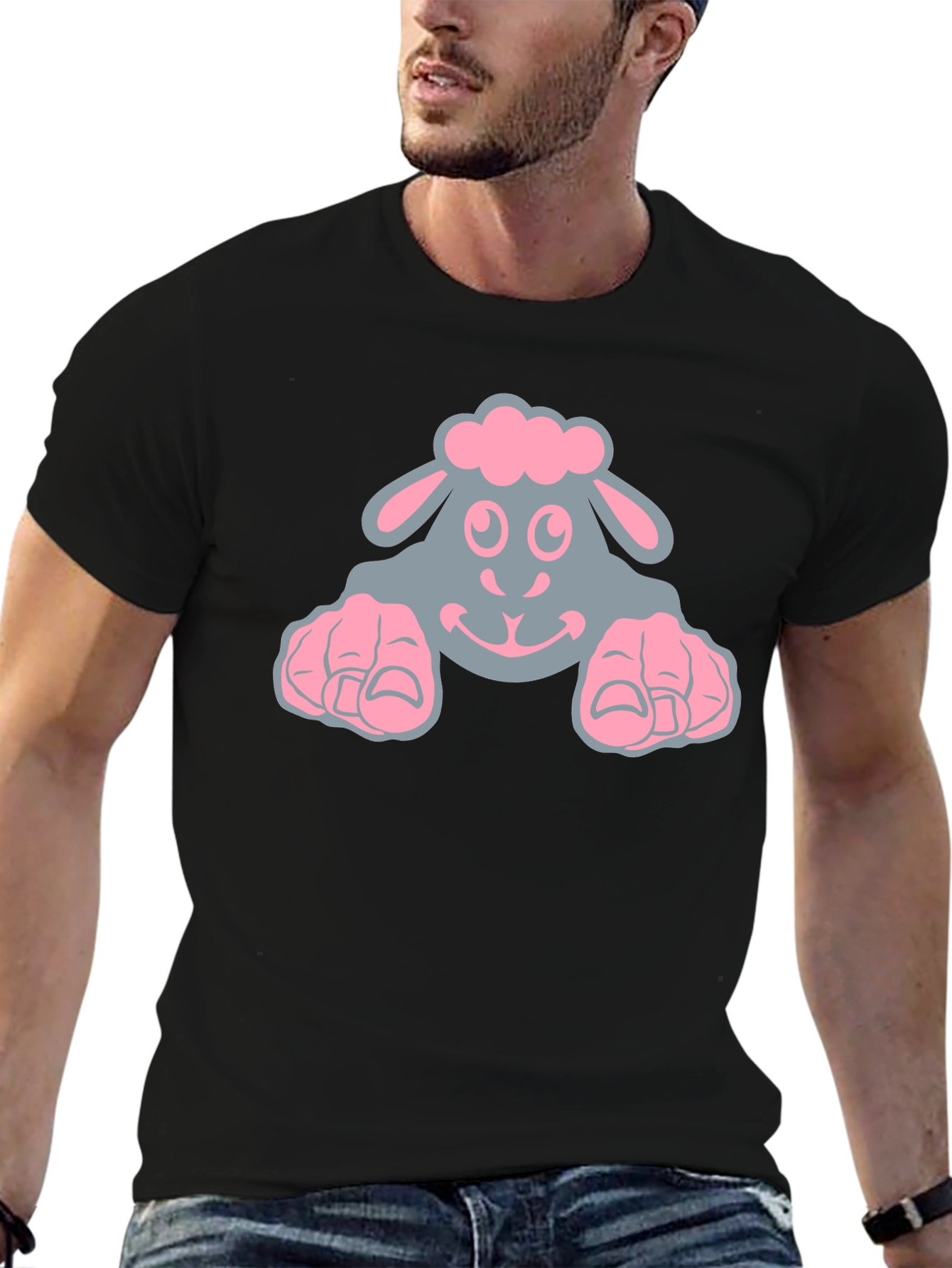 Cute Sheep Graphic Tee - Black Cotton T-Shirt