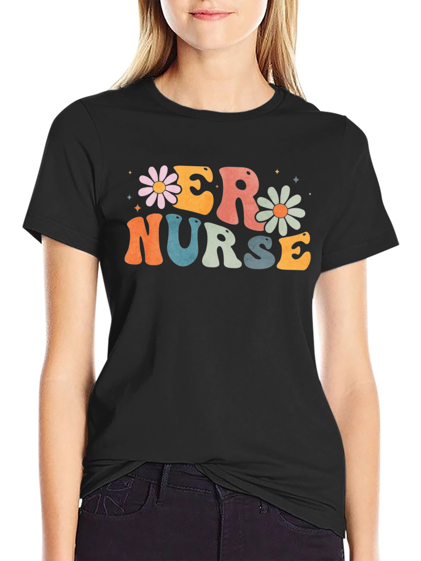 ER Nurse T-Shirt - Retro Floral Design