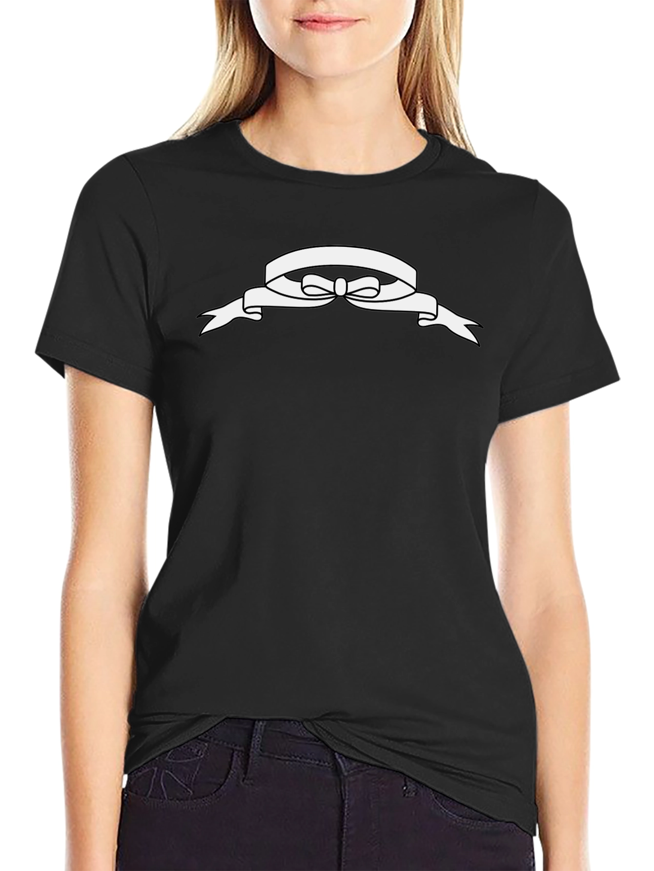 Black T-Shirt with White Ribbon Design