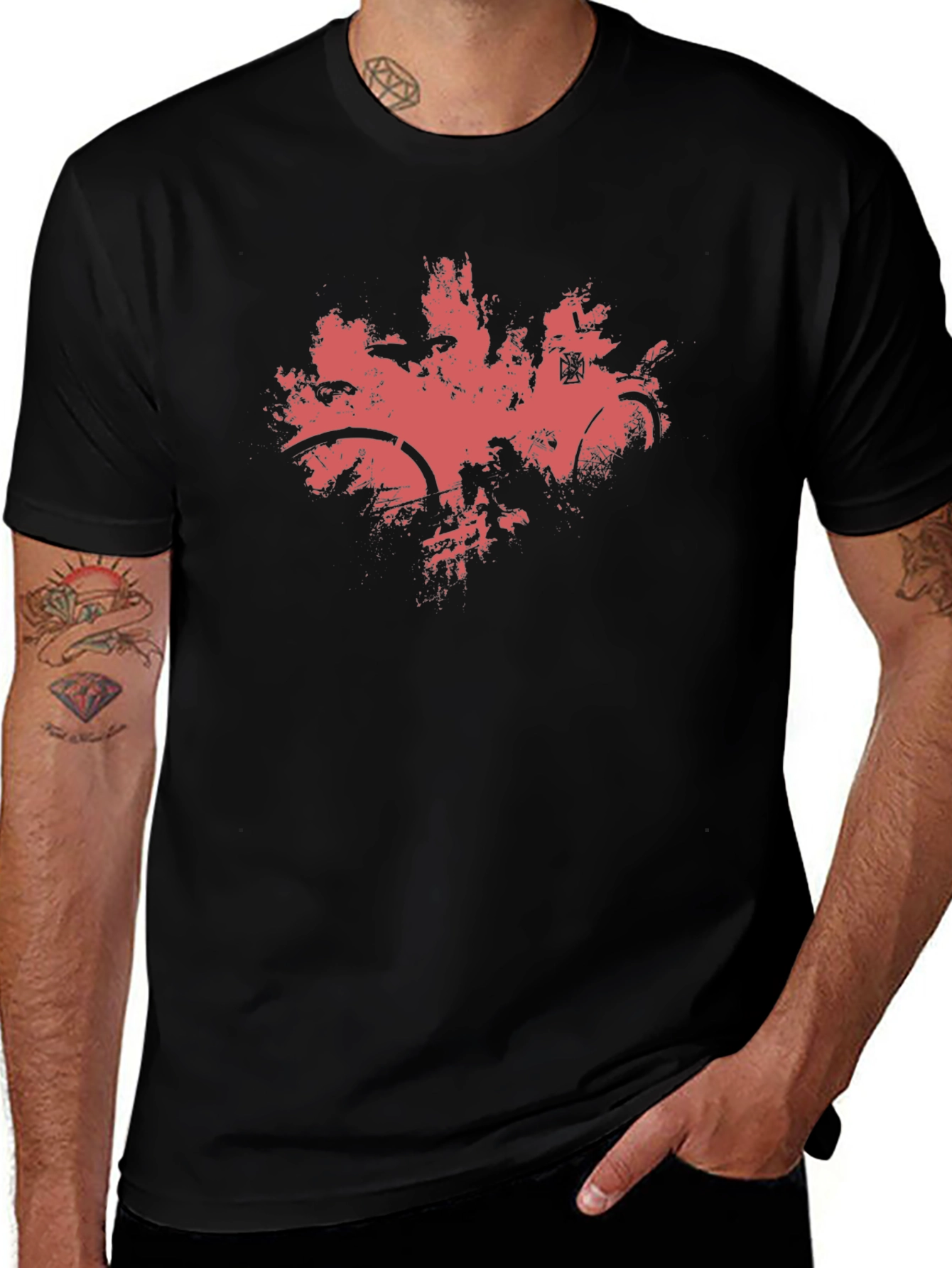 Mens Black T-Shirt with Abstract Red Bike Print