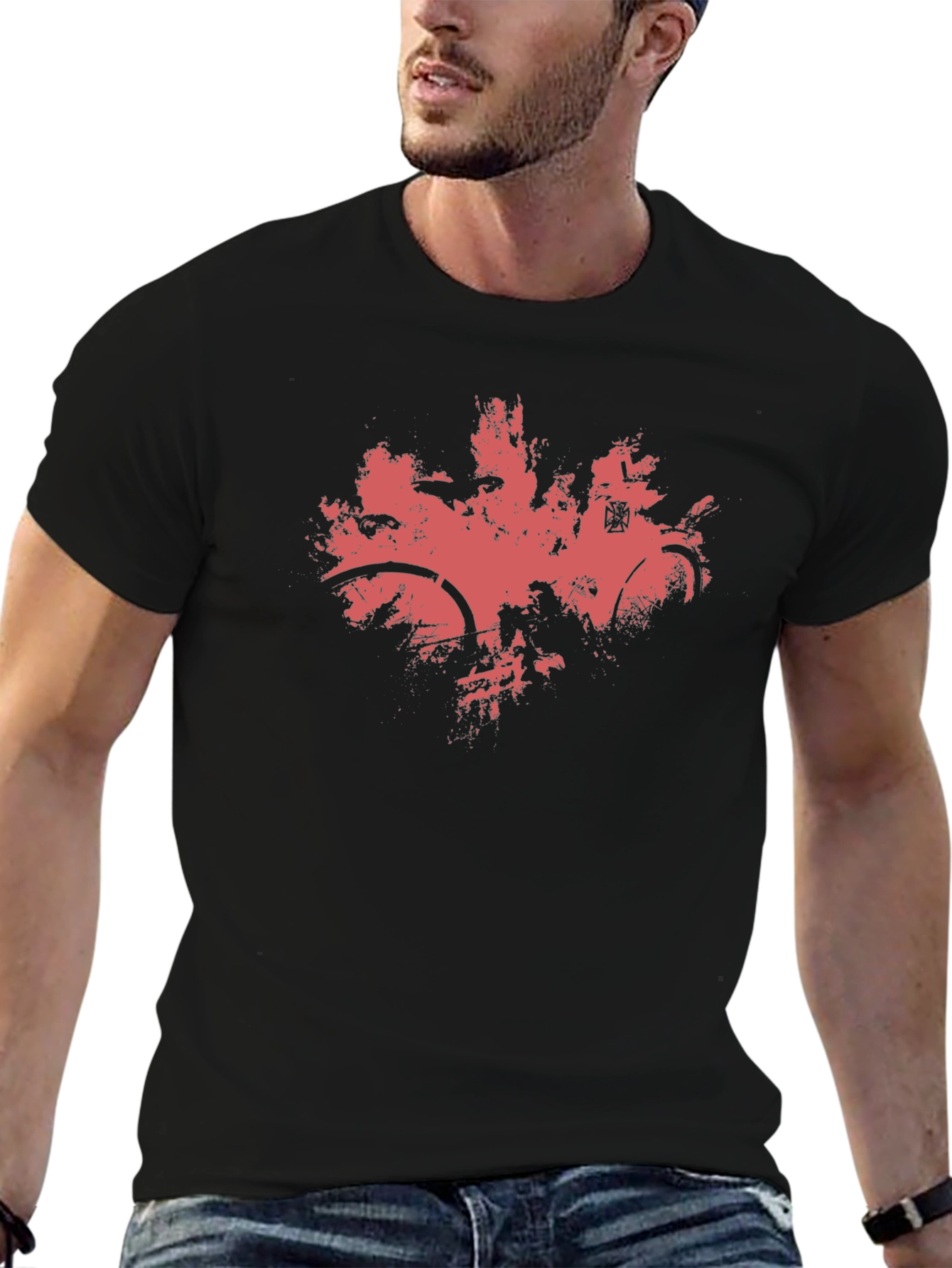 Mens Black T-Shirt with Abstract Red Bike Print