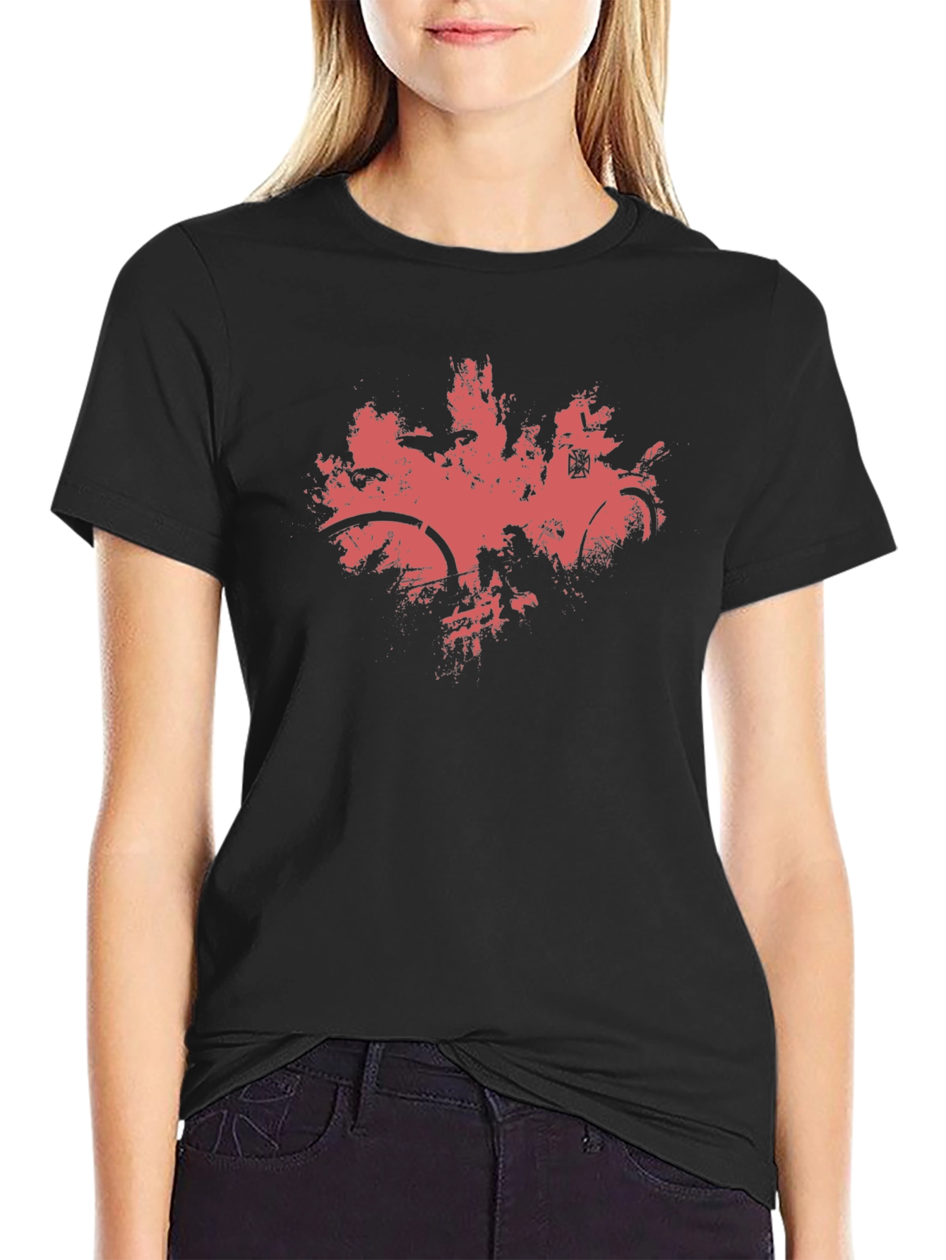 Mens Black T-Shirt with Abstract Red Bike Print