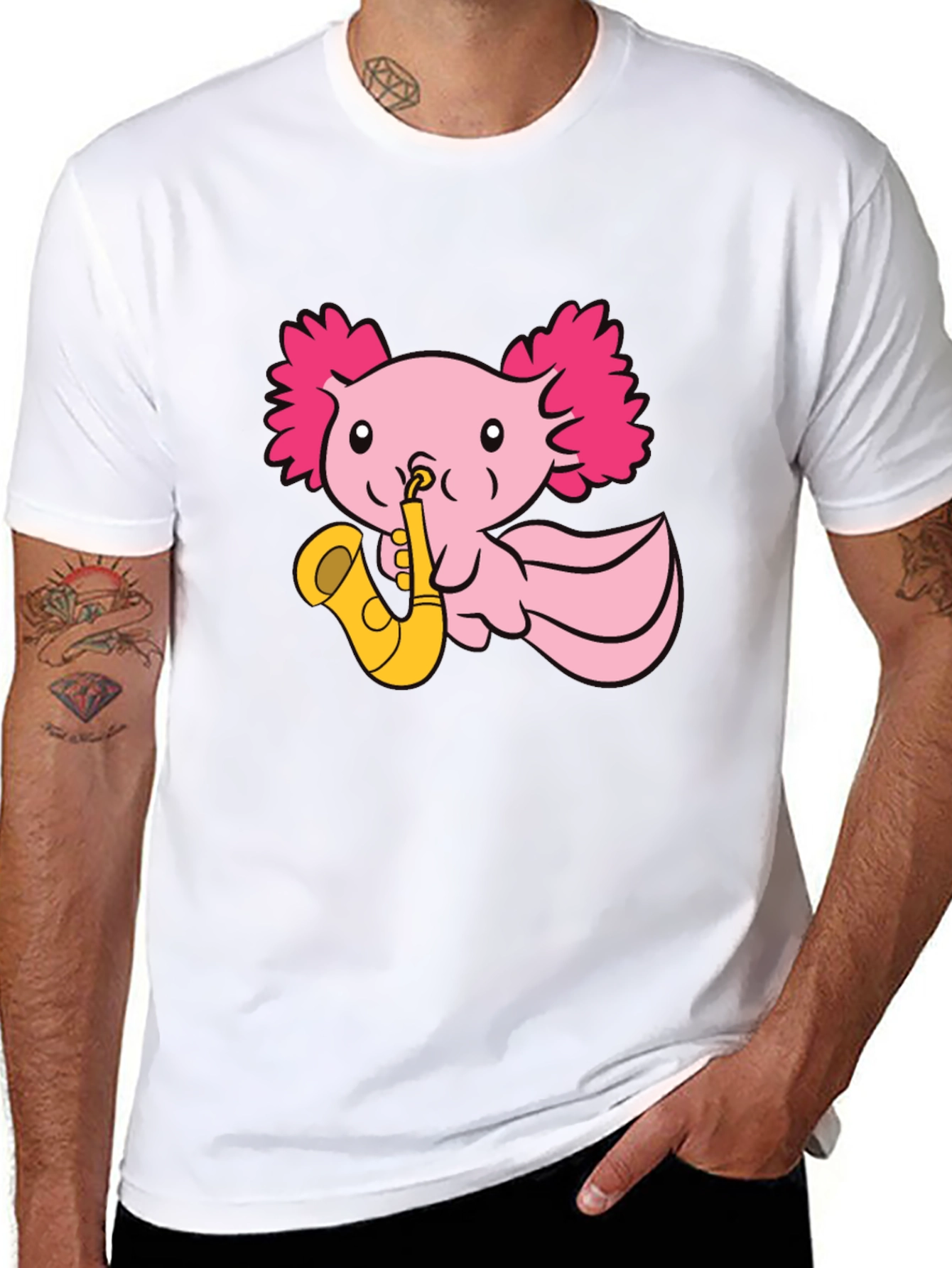 Axolotl Saxophone T-Shirt - Playful Pink Design