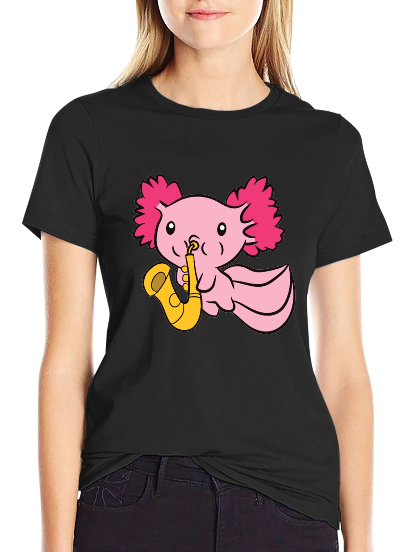 Axolotl Saxophone T-Shirt - Playful Pink Design