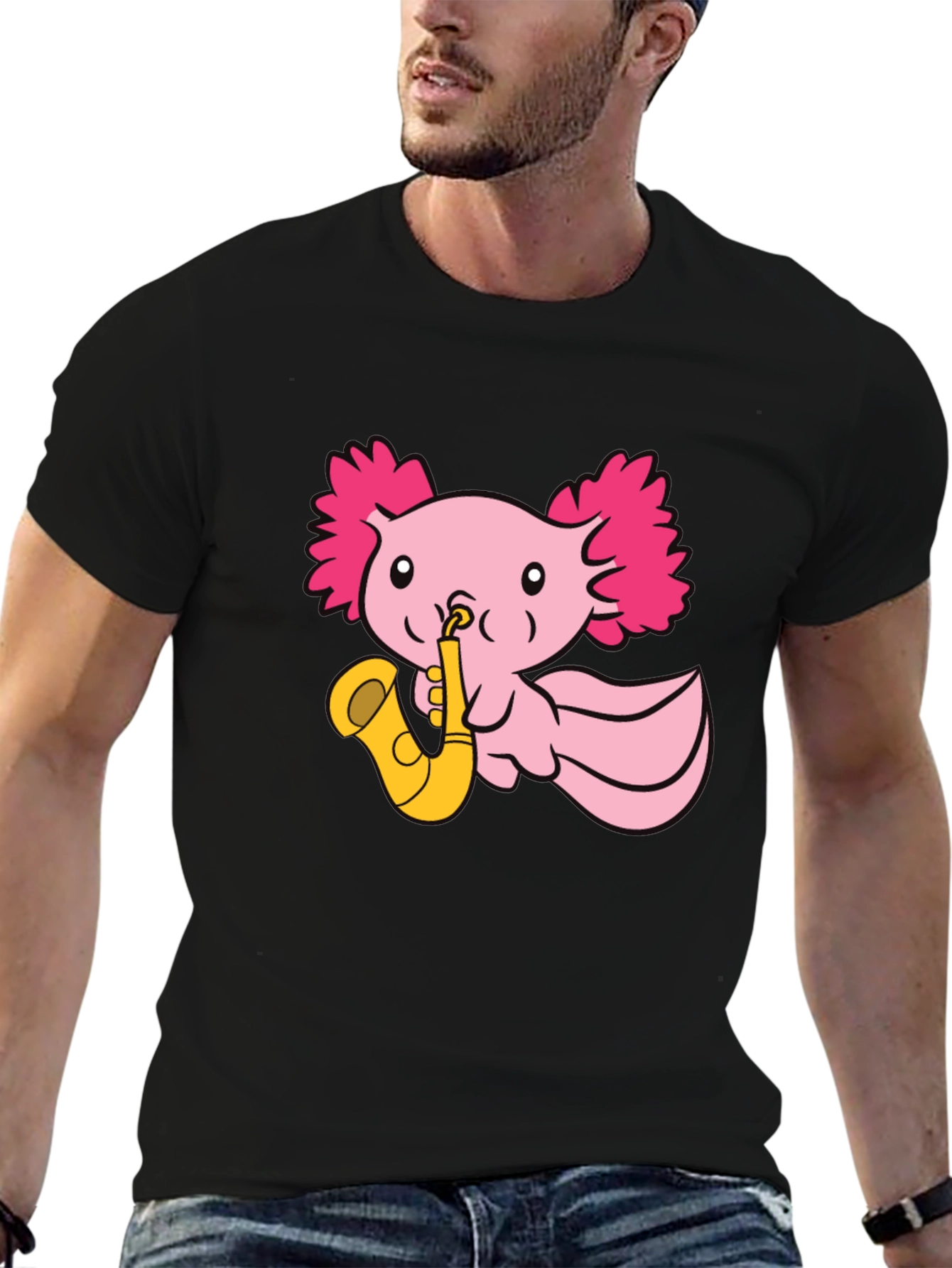 Axolotl Saxophone T-Shirt - Playful Pink Design