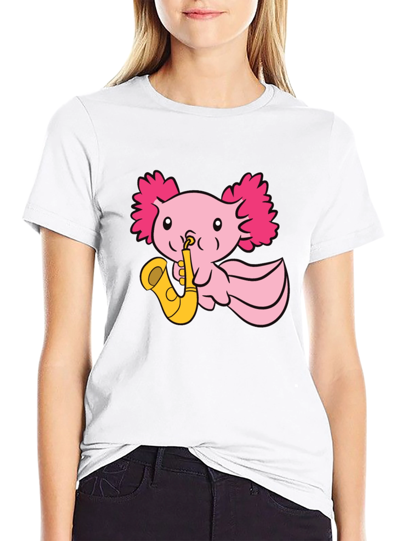 Axolotl Saxophone T-Shirt - Playful Pink Design