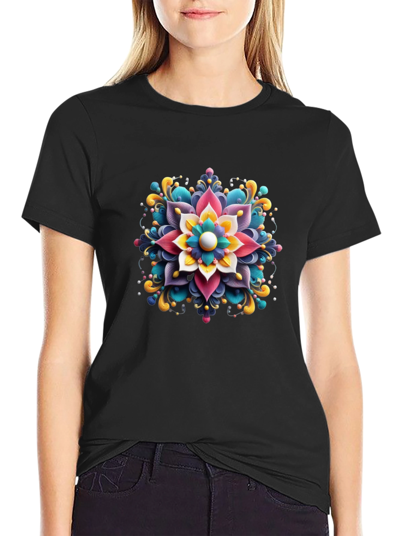 Floral Mandala Graphic Print Black T-Shirt