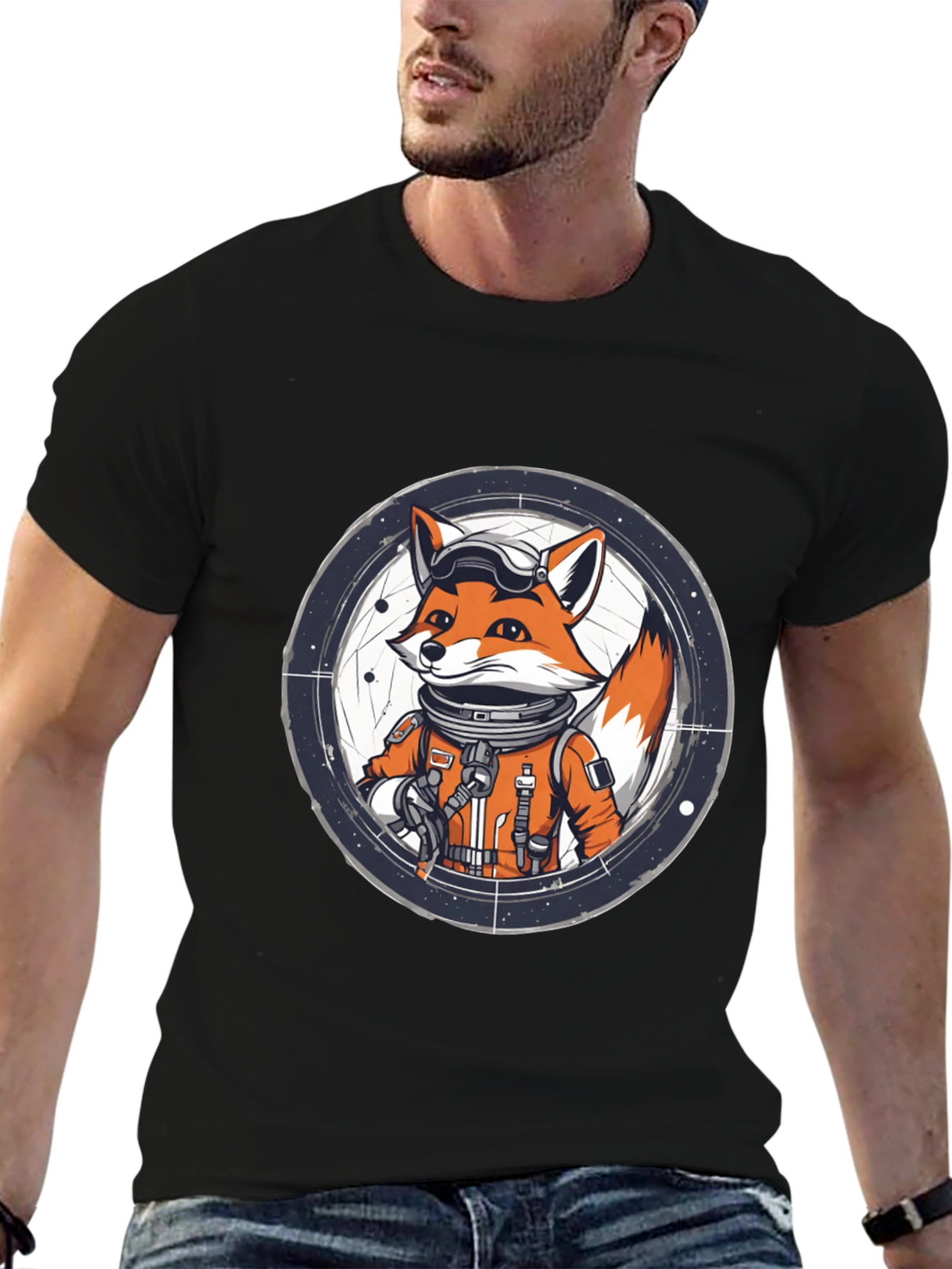 Astronaut Fox Graphic Tee - Black Cotton T-Shirt
