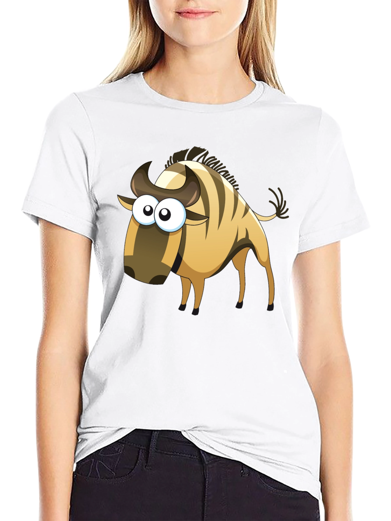 Cartoon Wildebeest Black T-Shirt