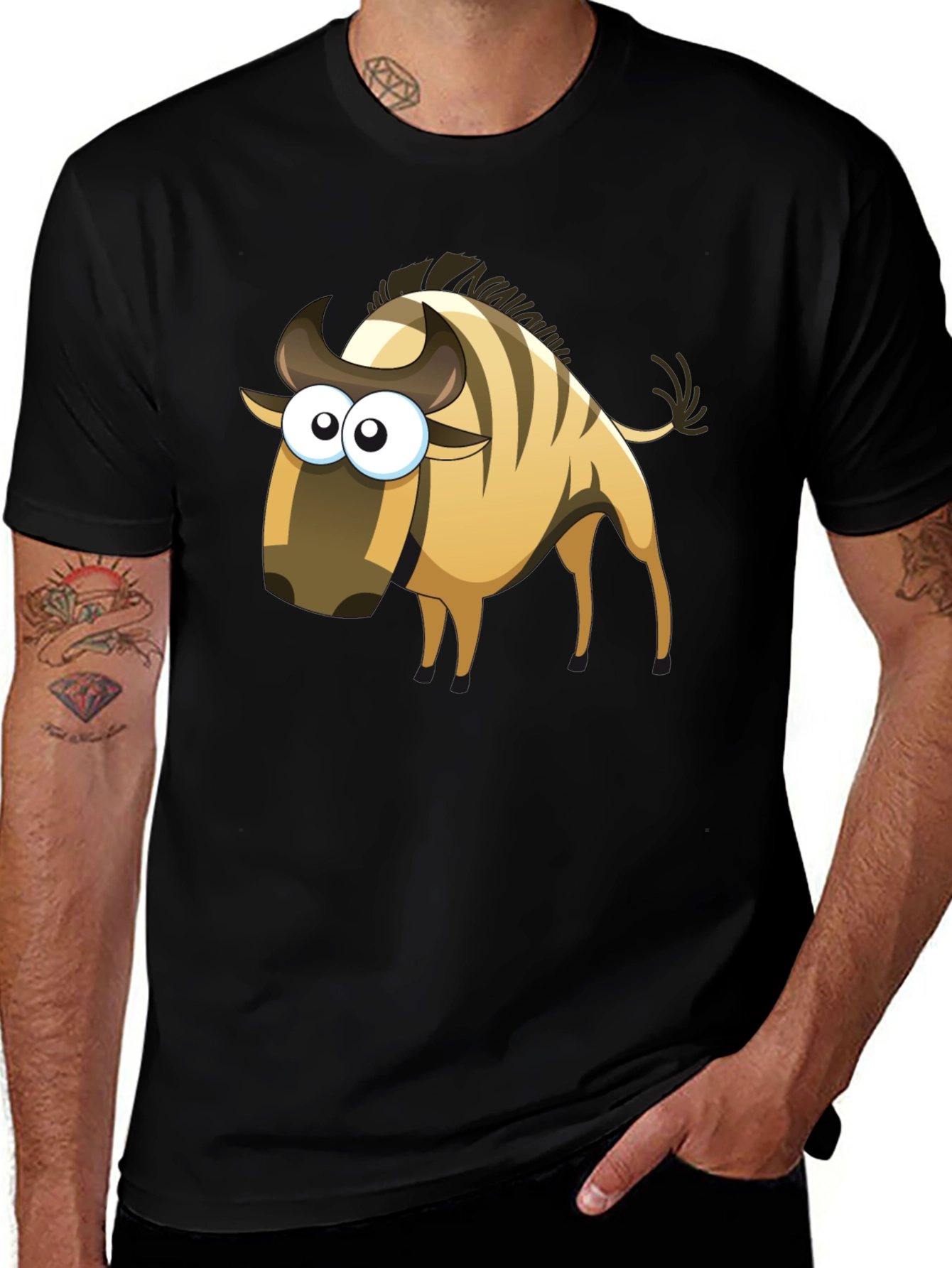 Cartoon Wildebeest Black T-Shirt