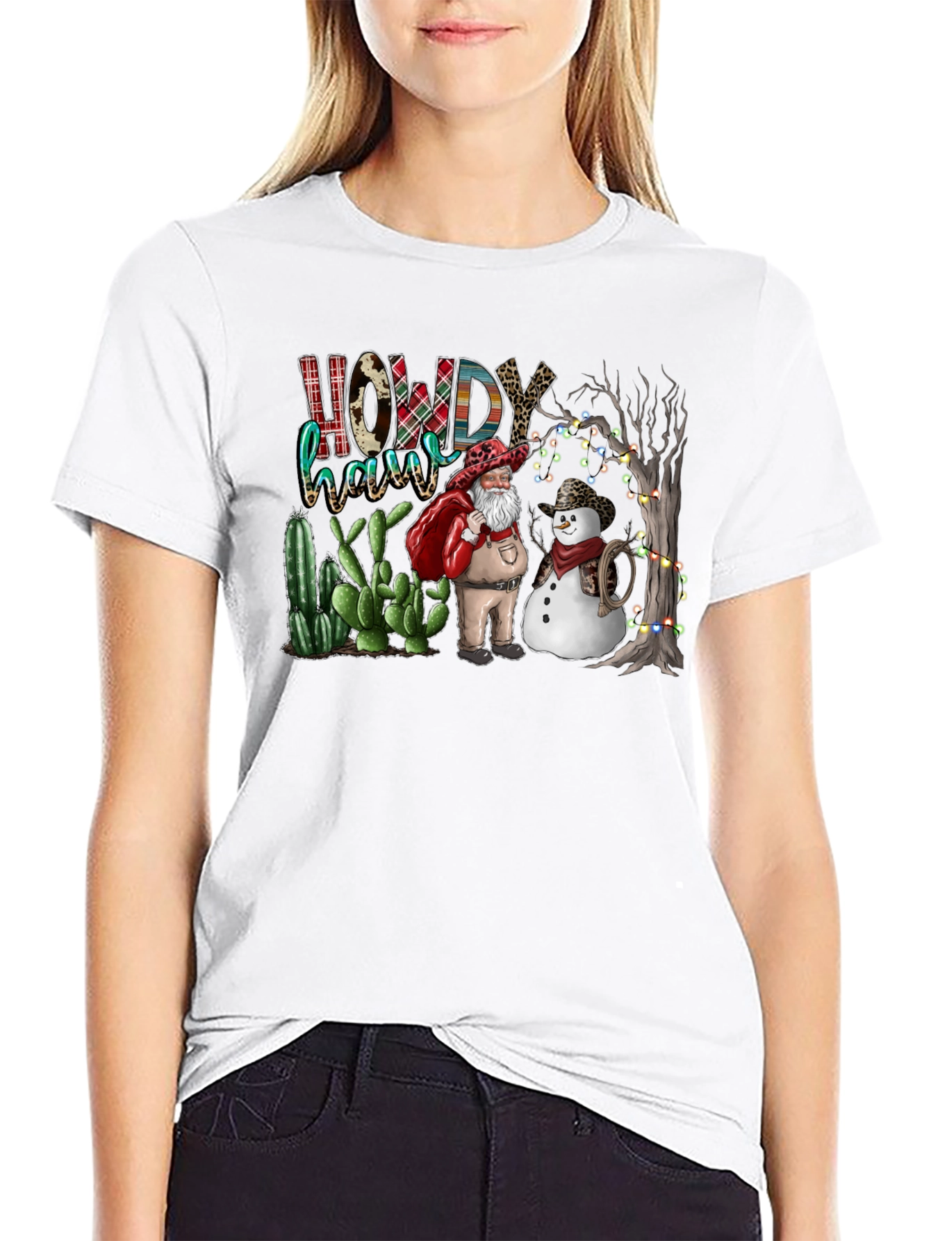 Western Christmas Santa & Snowman T-Shirt