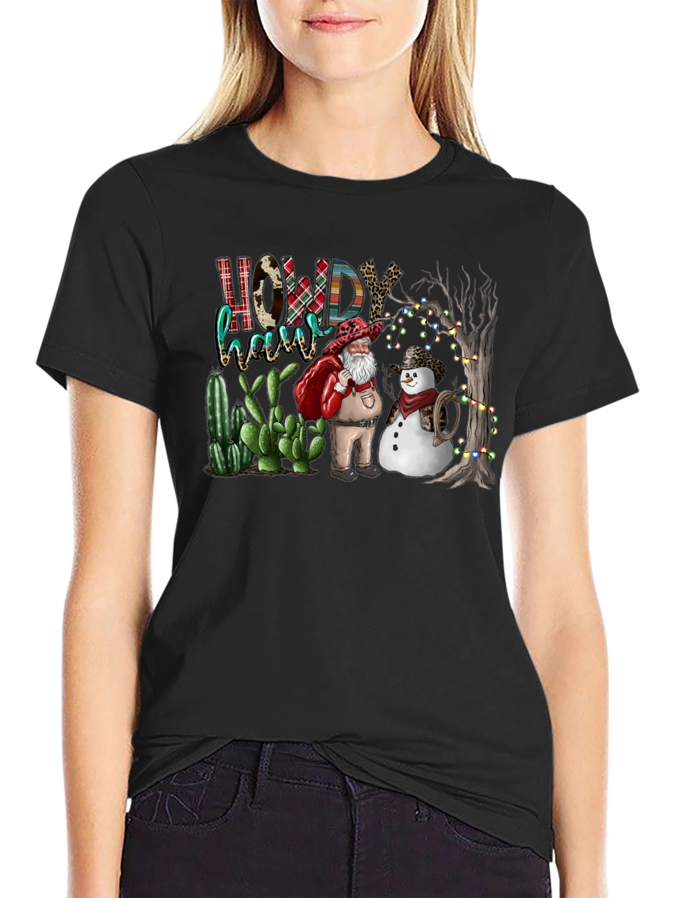 Western Christmas Santa & Snowman T-Shirt