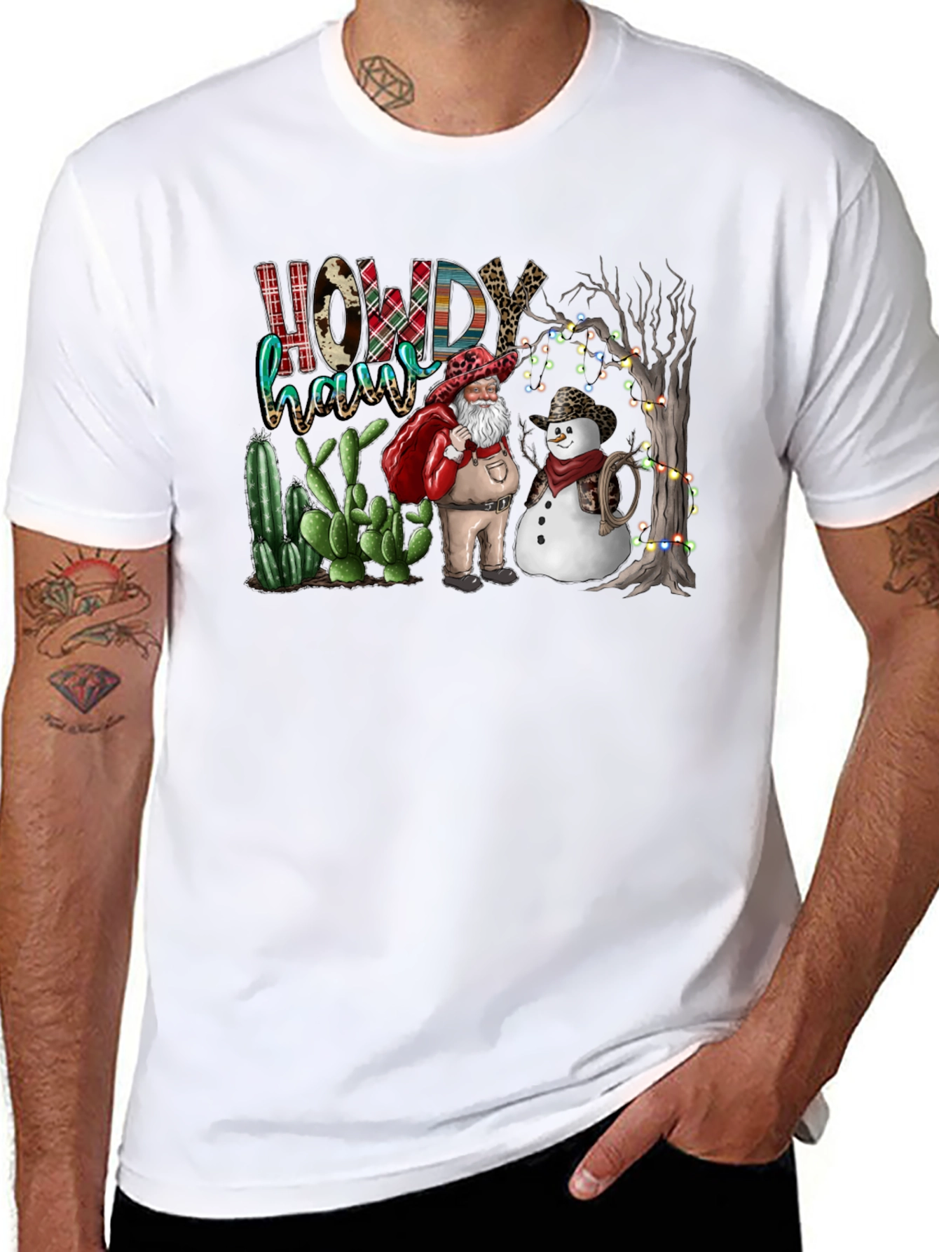Western Christmas Santa & Snowman T-Shirt