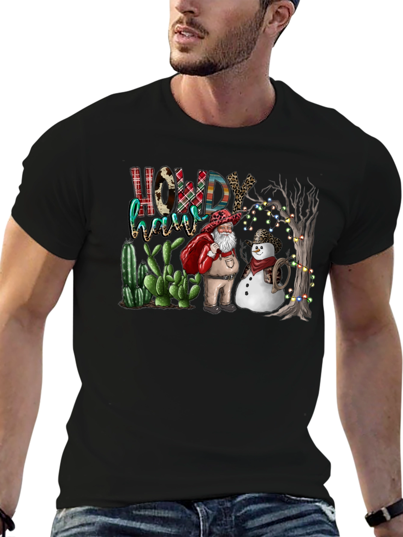 Western Christmas Santa & Snowman T-Shirt