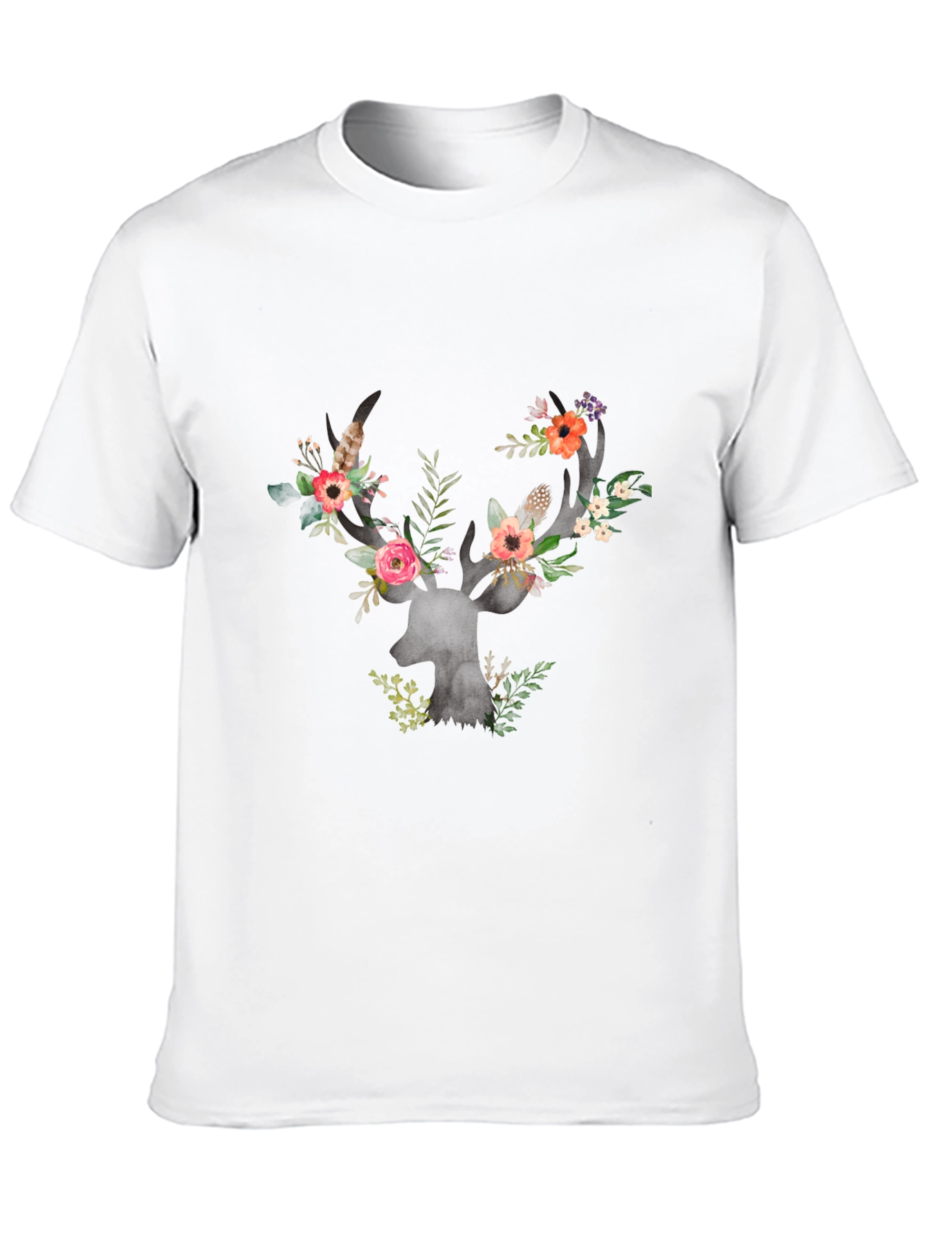 Floral Deer Antler Graphic Black T-Shirt