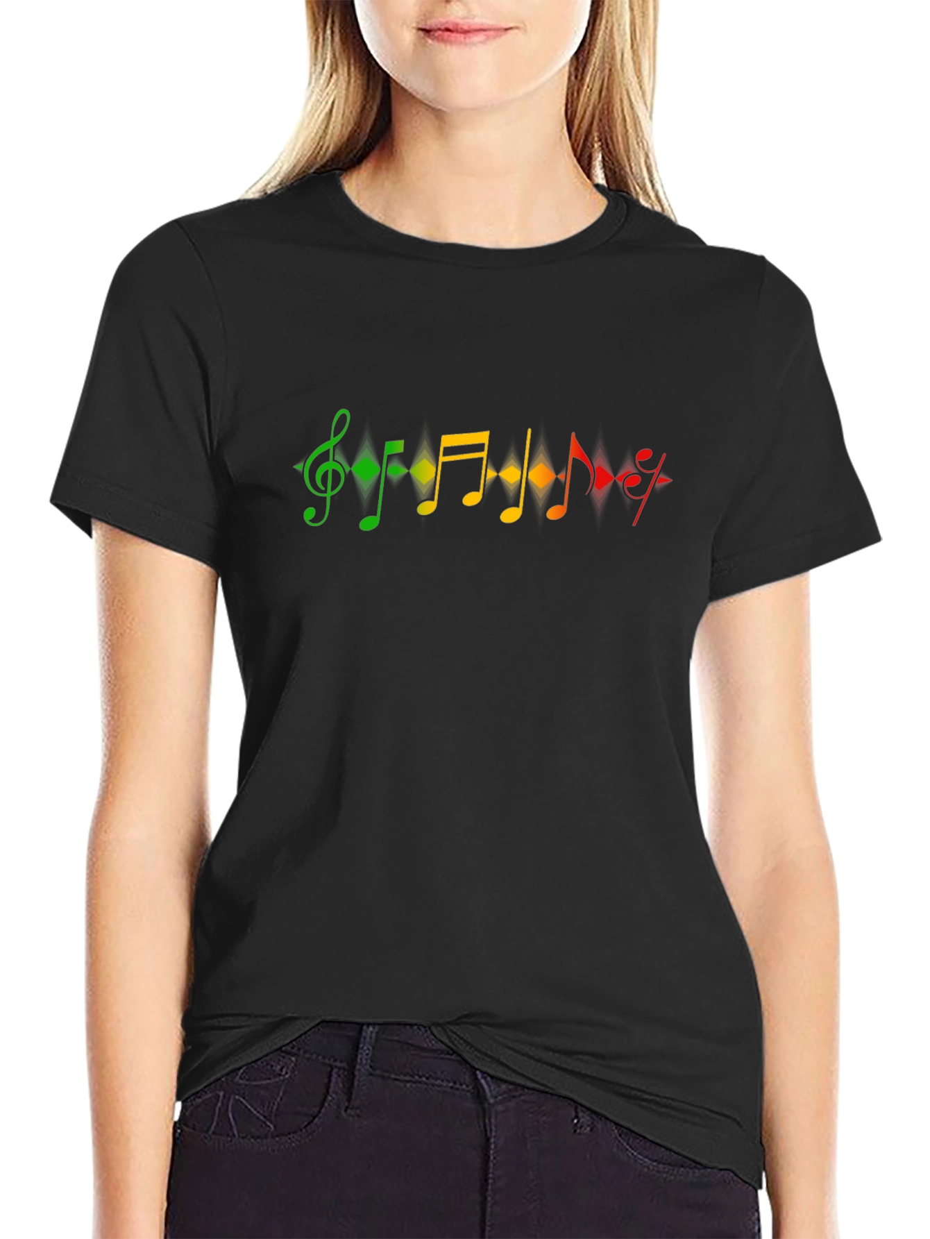 Musical Note Graphic T-Shirt - Black Crew Neck Tee