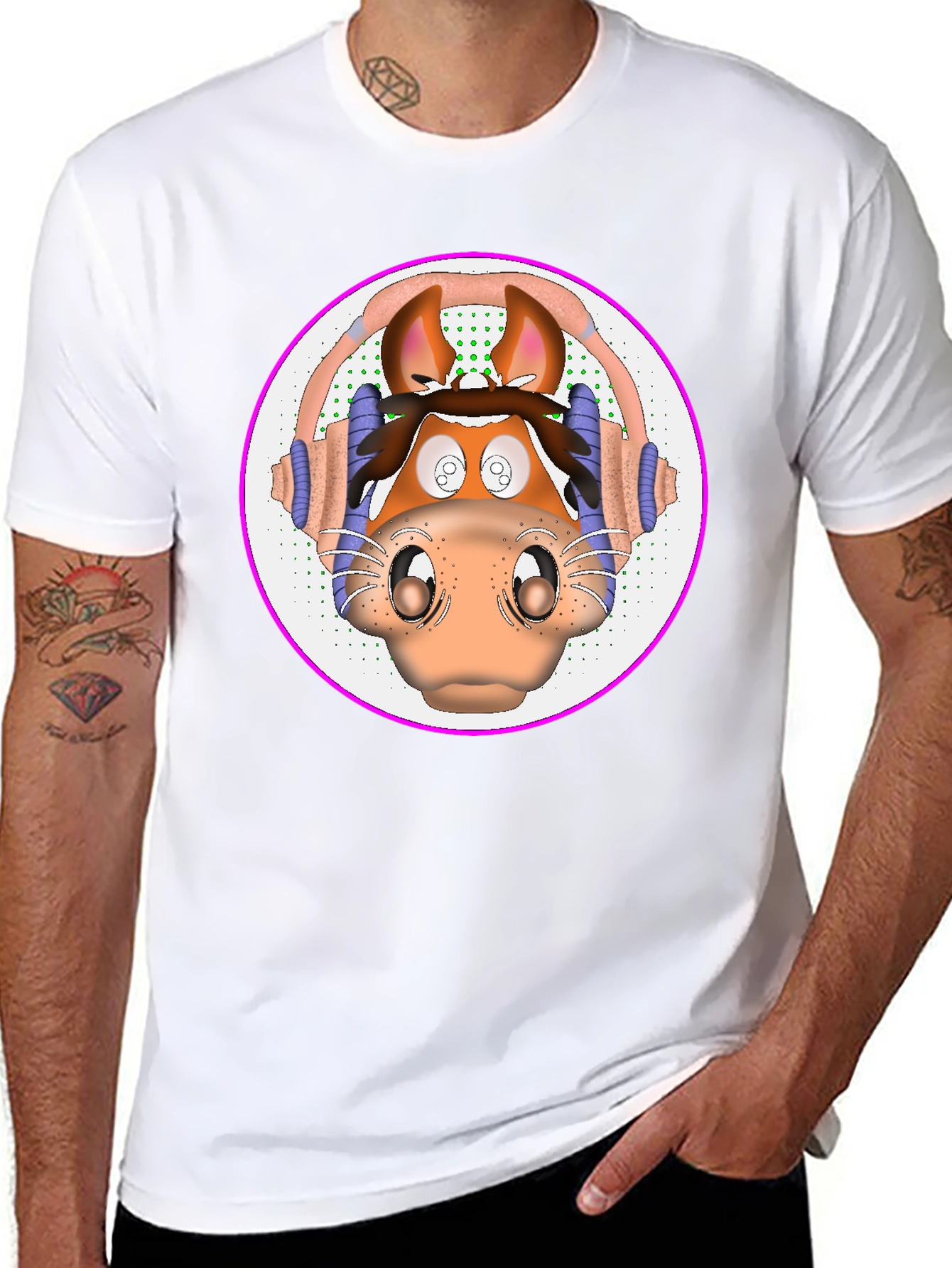 Cartoon Horse Headphone Graphic T-Shirt