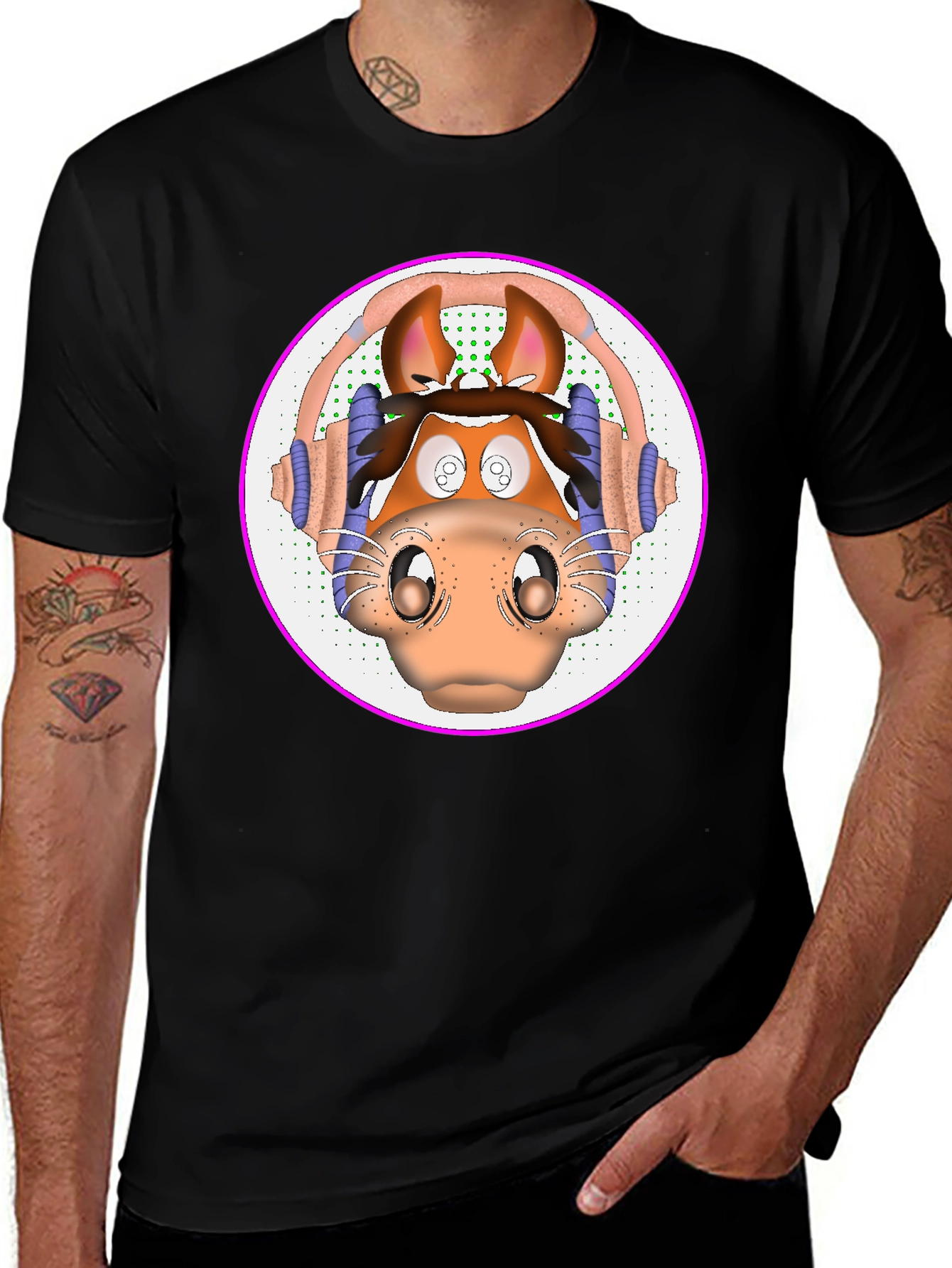 Cartoon Horse Headphone Graphic T-Shirt