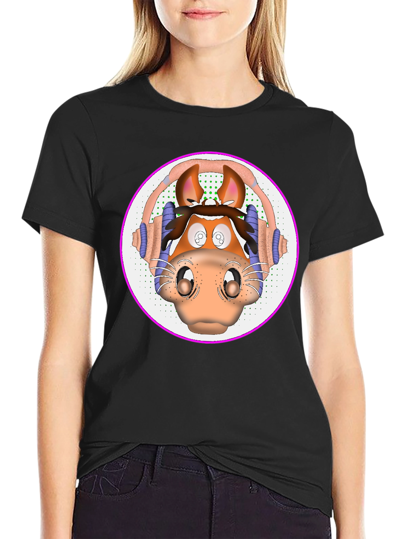 Cartoon Horse Headphone Graphic T-Shirt